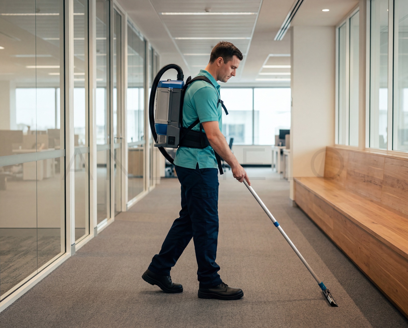 An operative with a backpack vacuum working a glazed office corridor