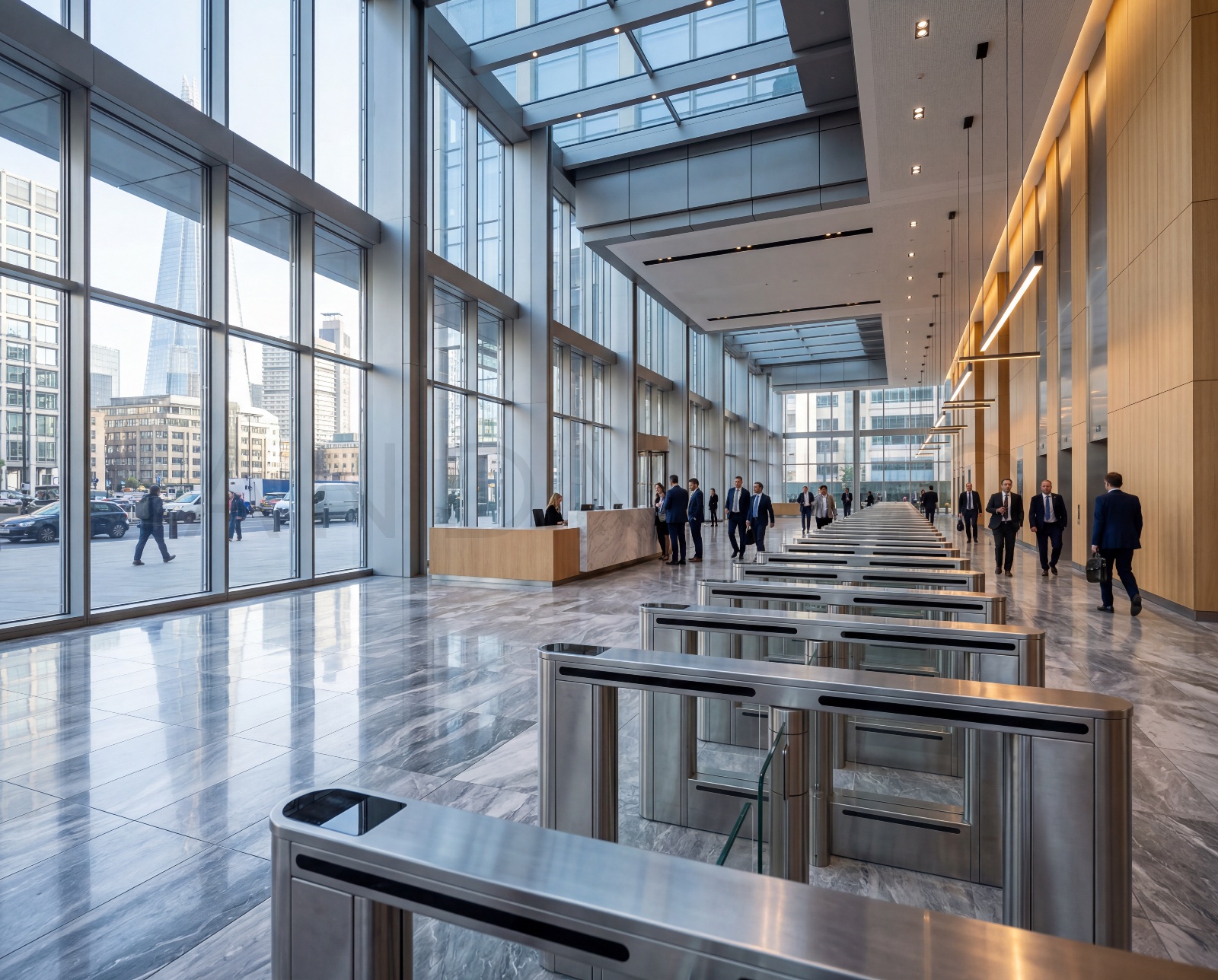 A commercial lobby atrium with turnstiles and a full-height glazed elevation