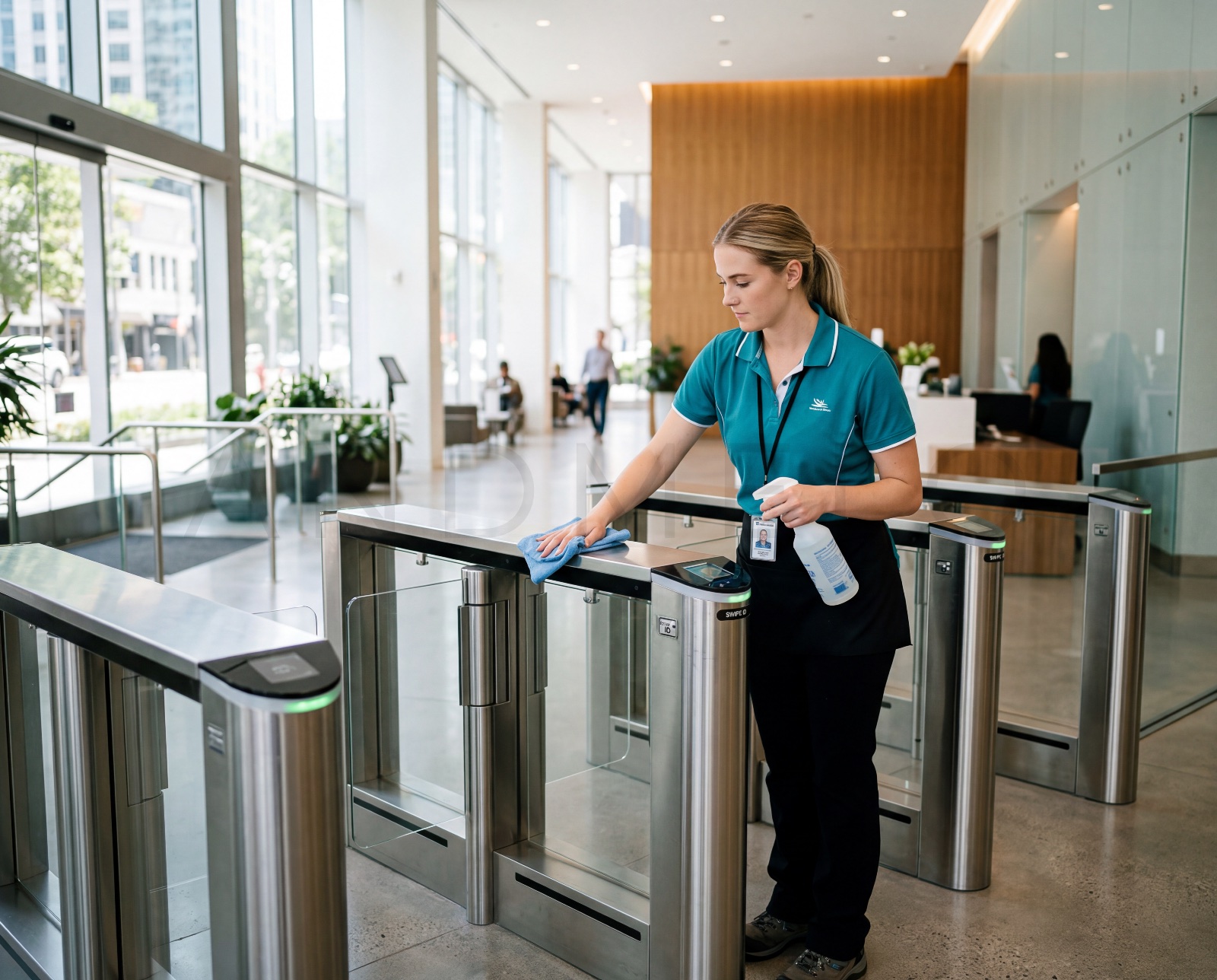 A uniformed operative cleaning a reception turnstile in an occupied building