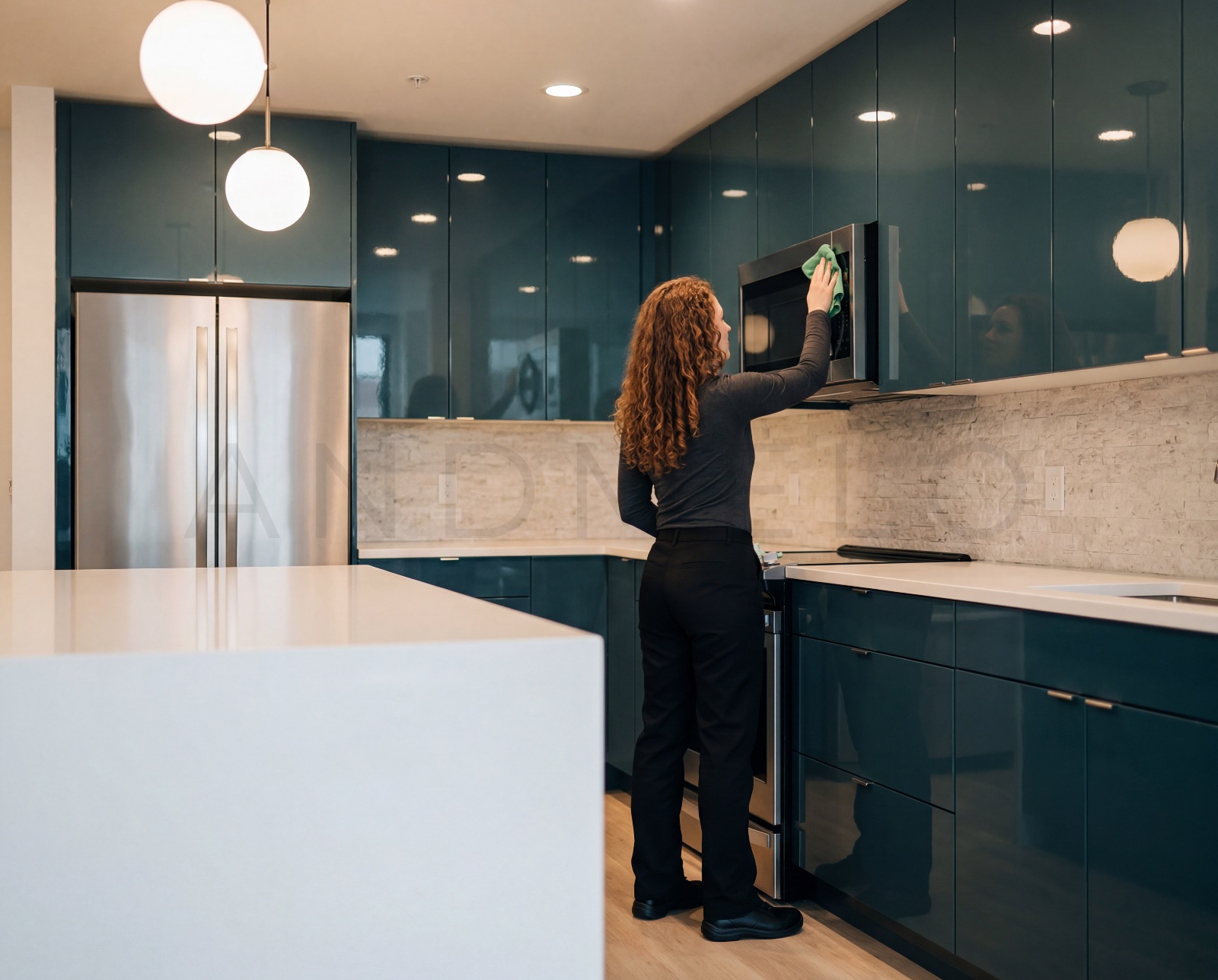 An operative cleaning a dark residential kitchen