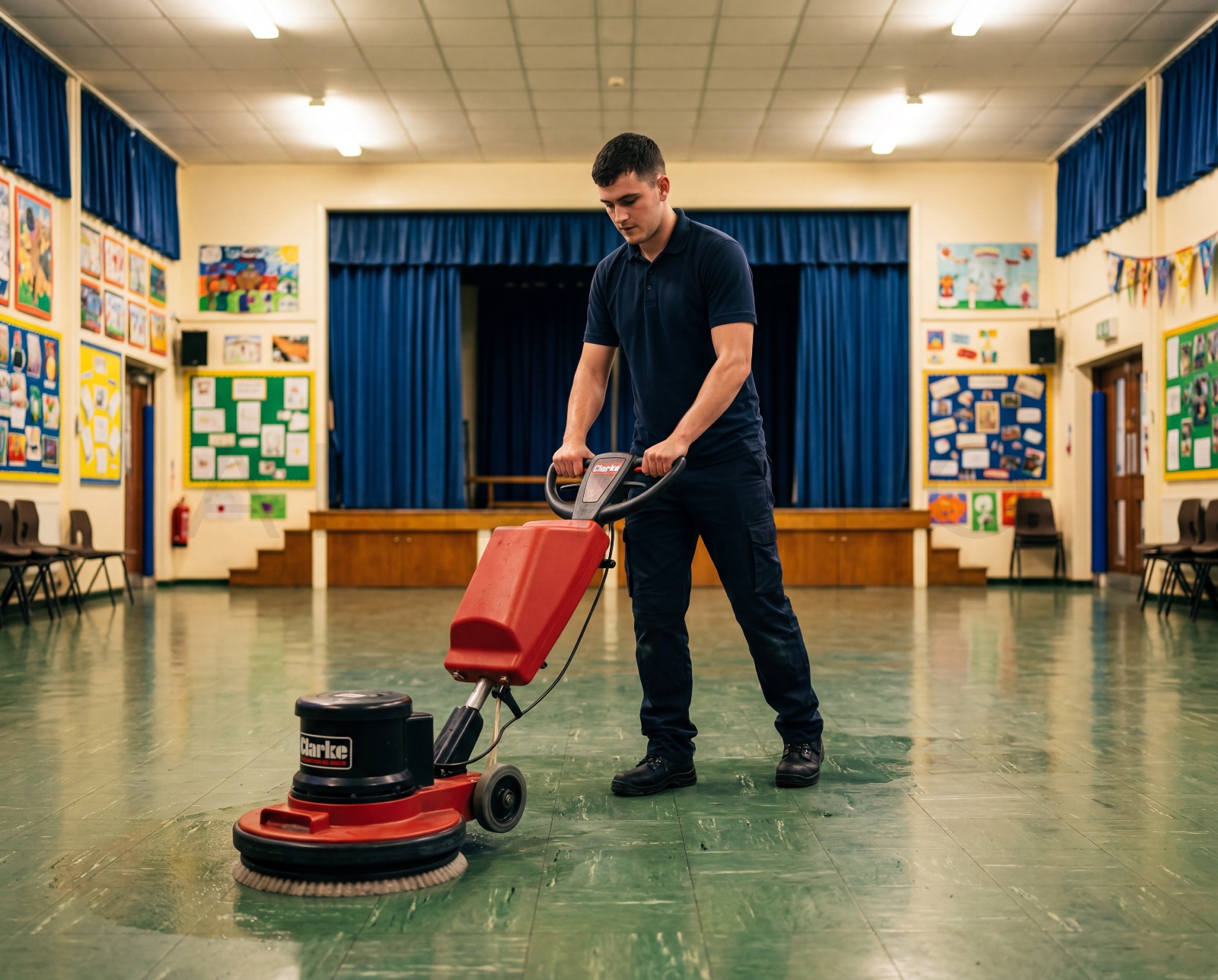 An operative running a rotary floor machine across a school hall