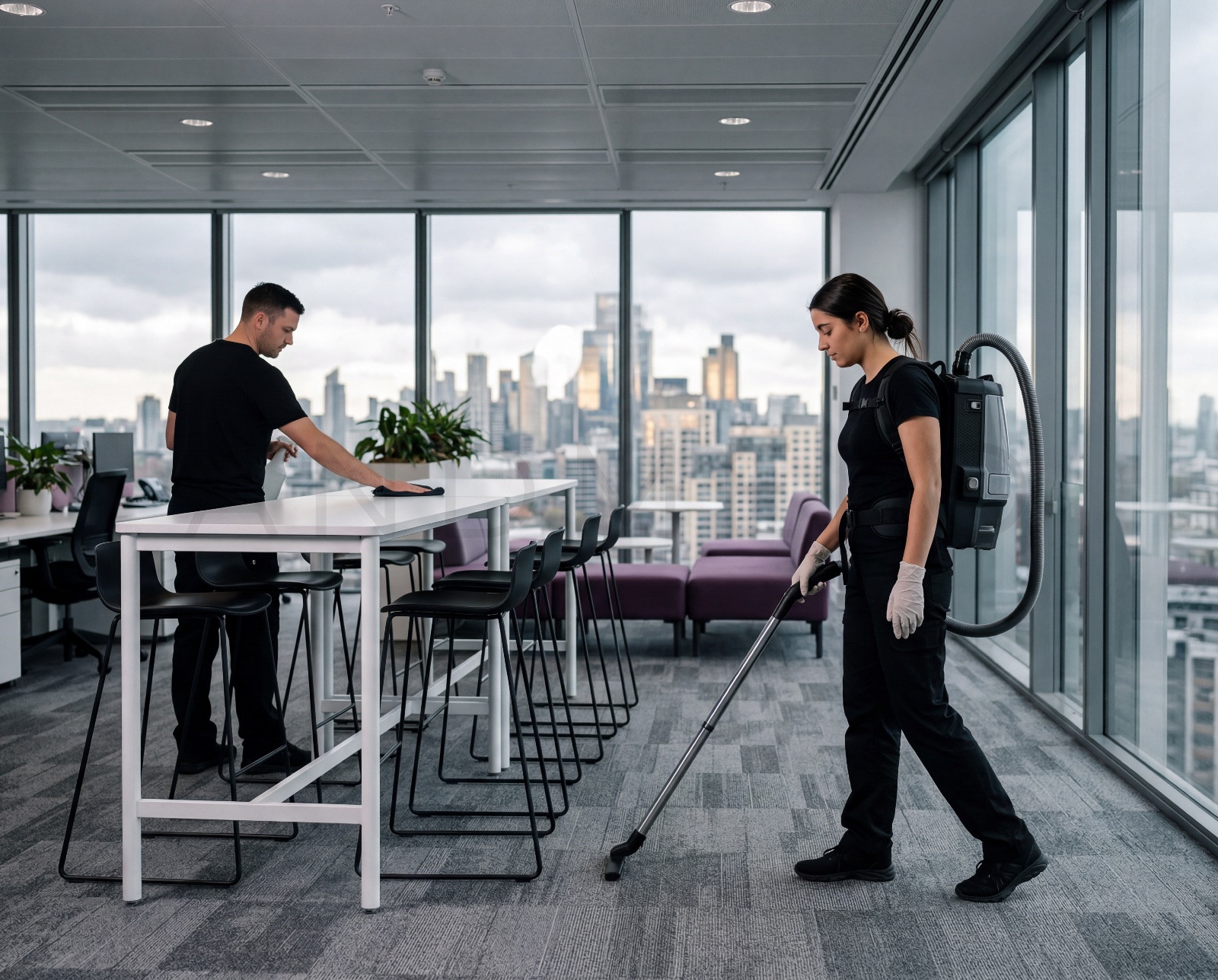 Two operatives working across an occupied office floor with a city skyline behind