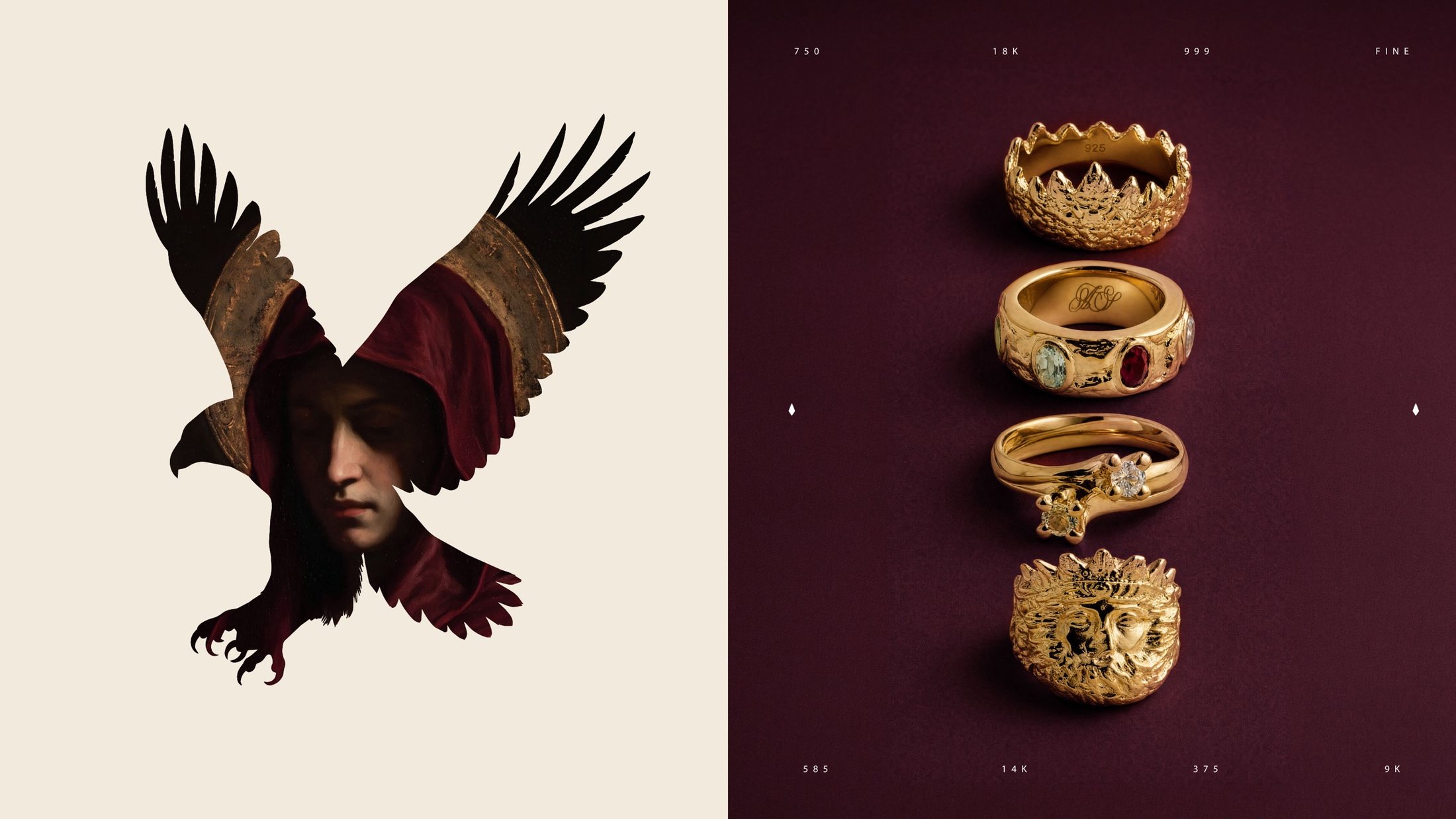 The falcon illustration beside the ring stack on oxblood