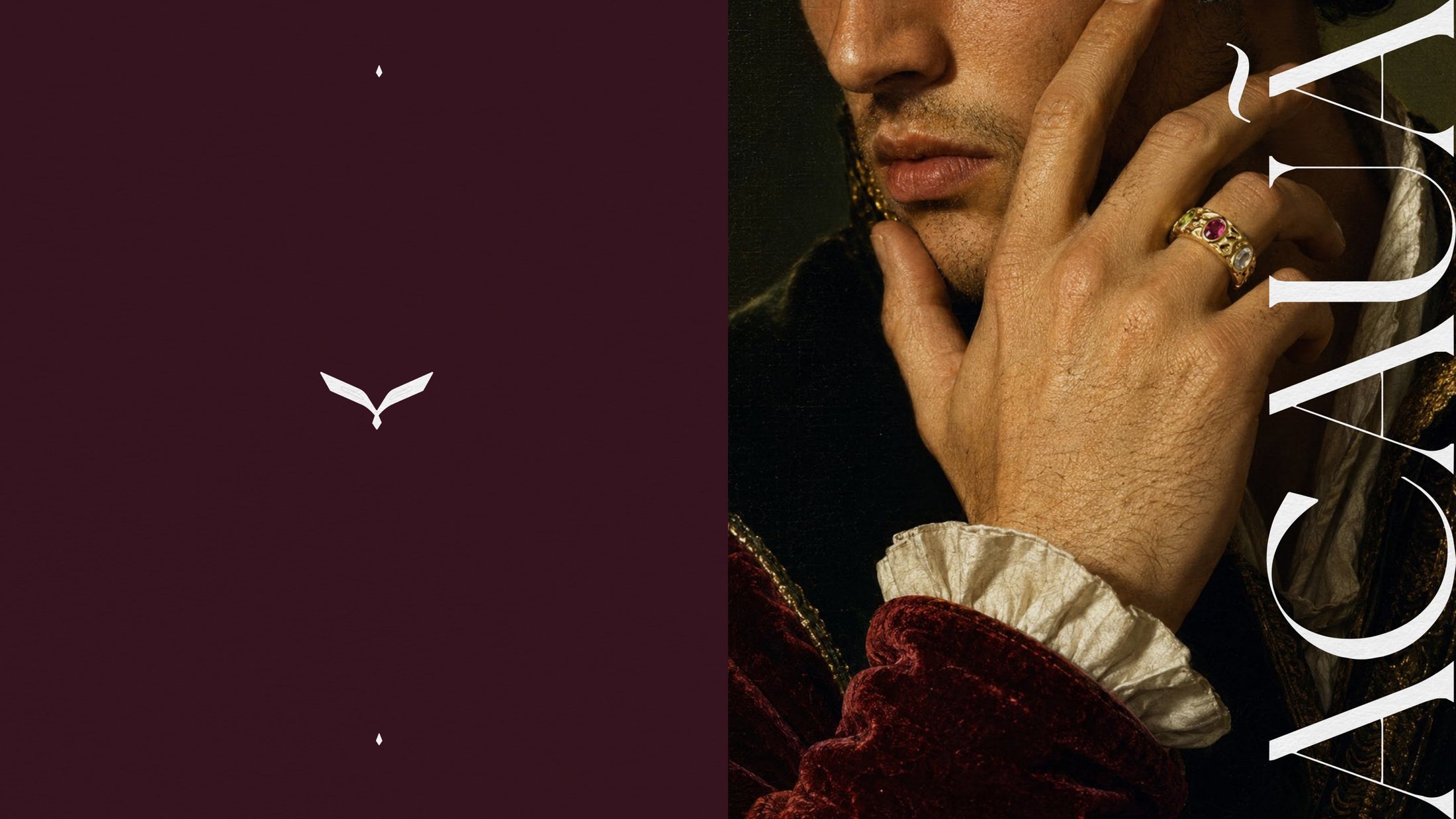 A hand wearing the rings, styled as a Renaissance portrait