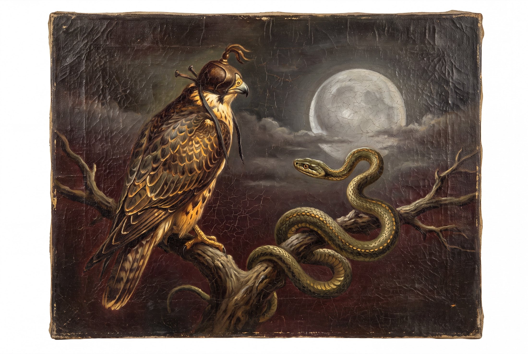 An oil painting of a falcon and a snake beneath a full moon