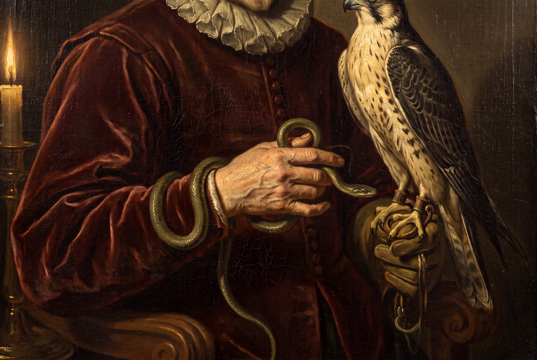 A falconer in Renaissance dress with a falcon and a snake