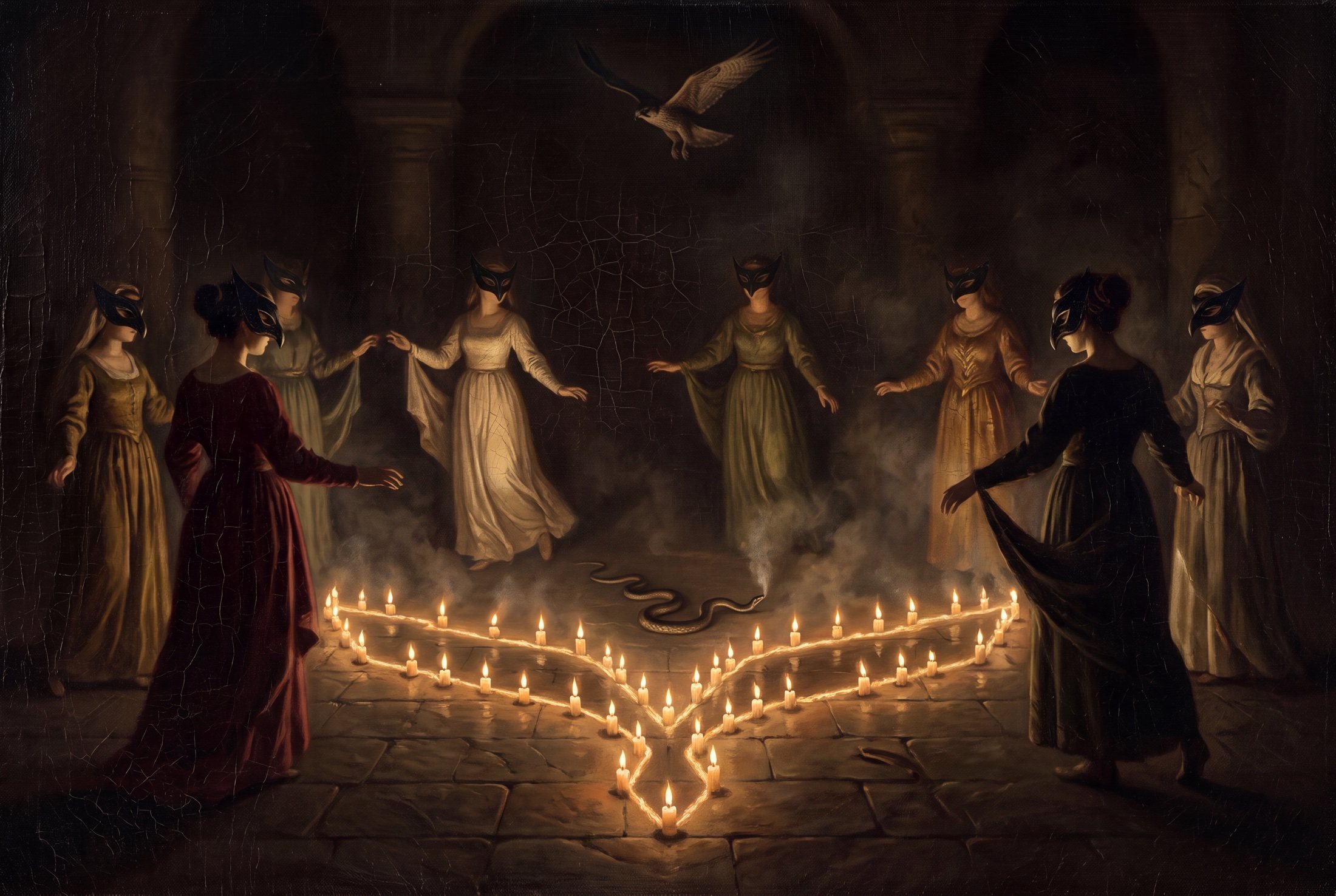 A candlelit ritual forming the falcon mark on the ground