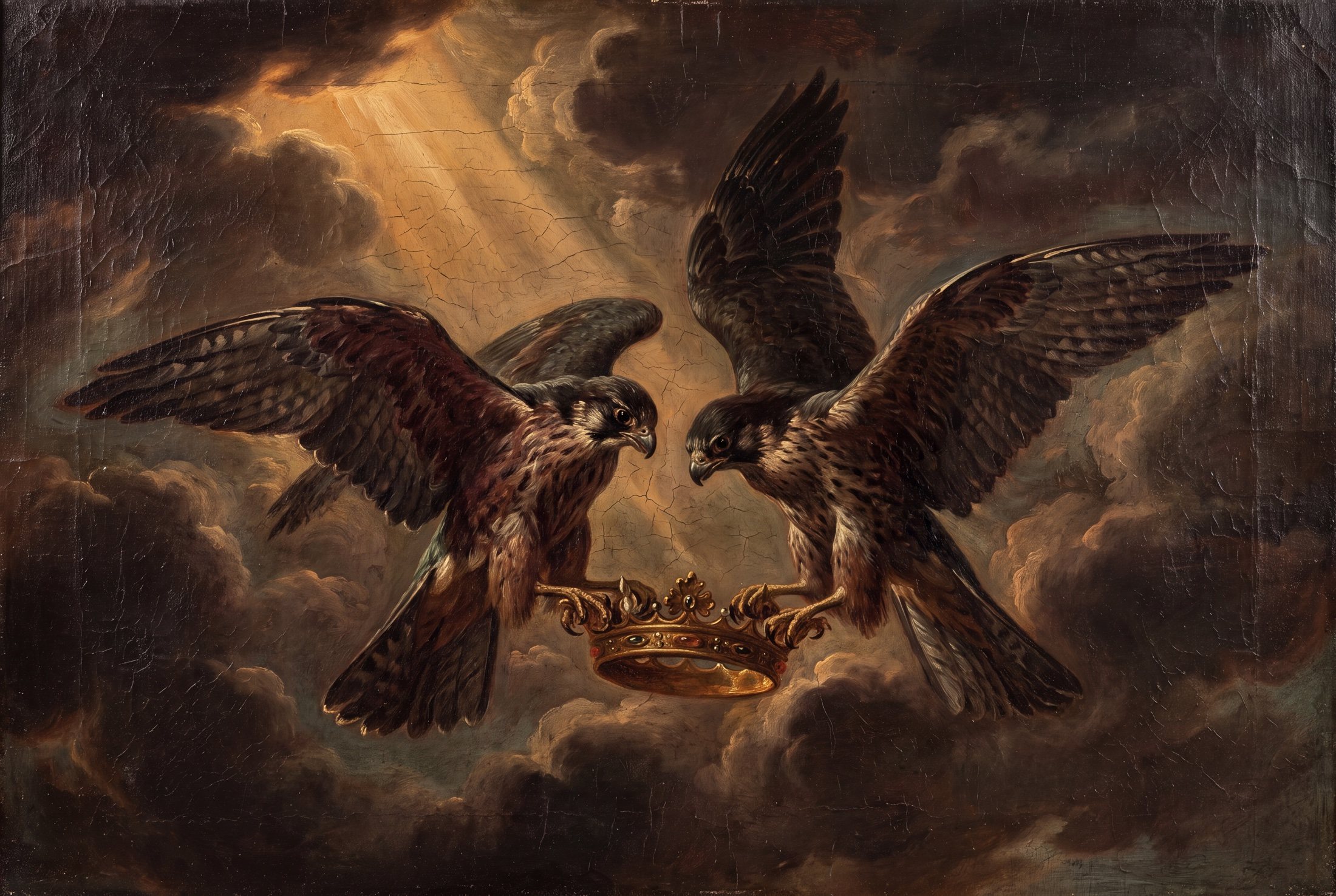 Two falcons carrying a crown through cloud
