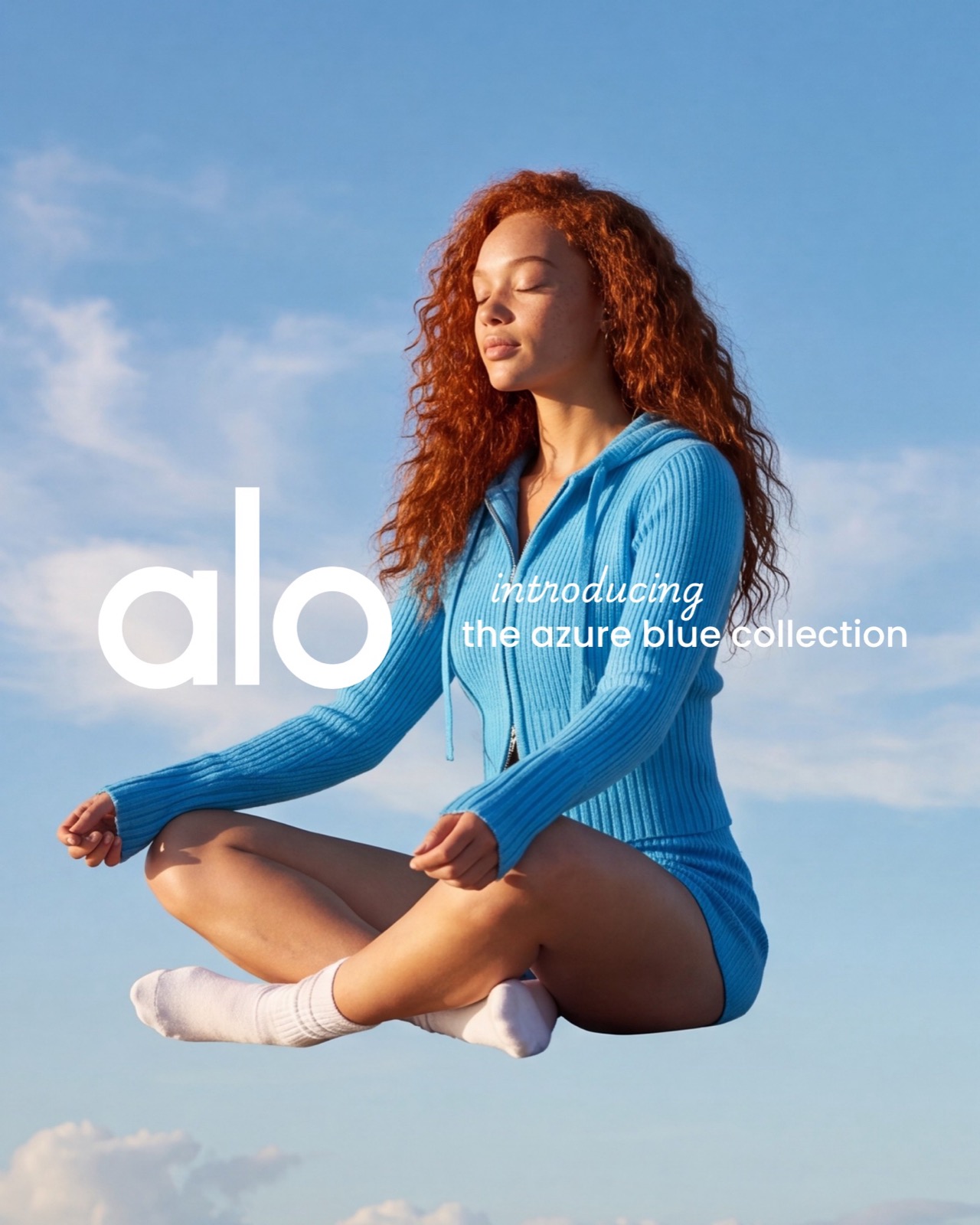 Social card introducing the Azure Blue collection, seated figure mid-air