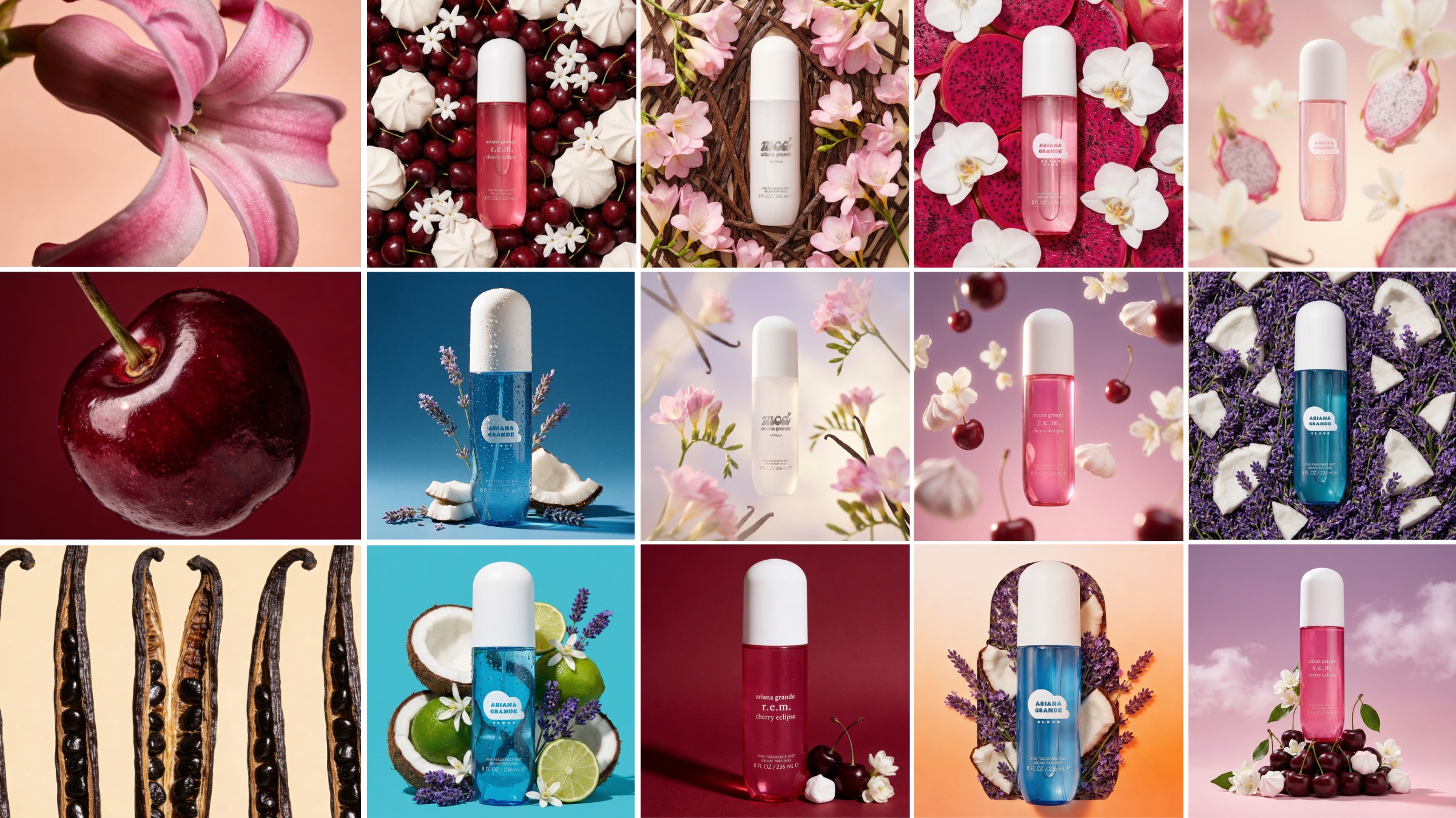 Contact sheet of Ariana Grande fragrance assets: hero ingredients paired with product frames across four scents
