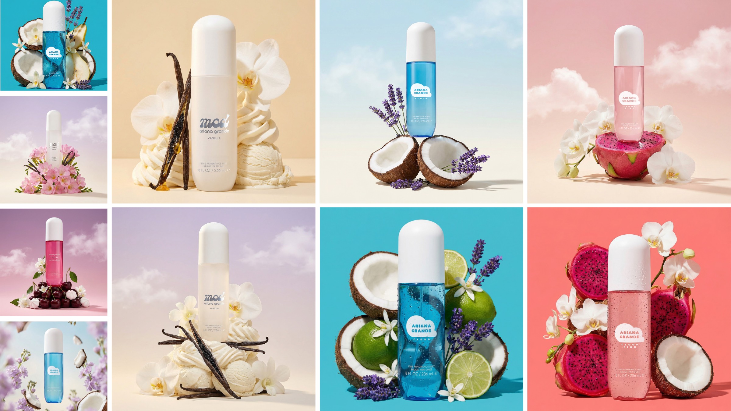 Contact sheet of Ariana Grande product frames across saturated and soft treatments