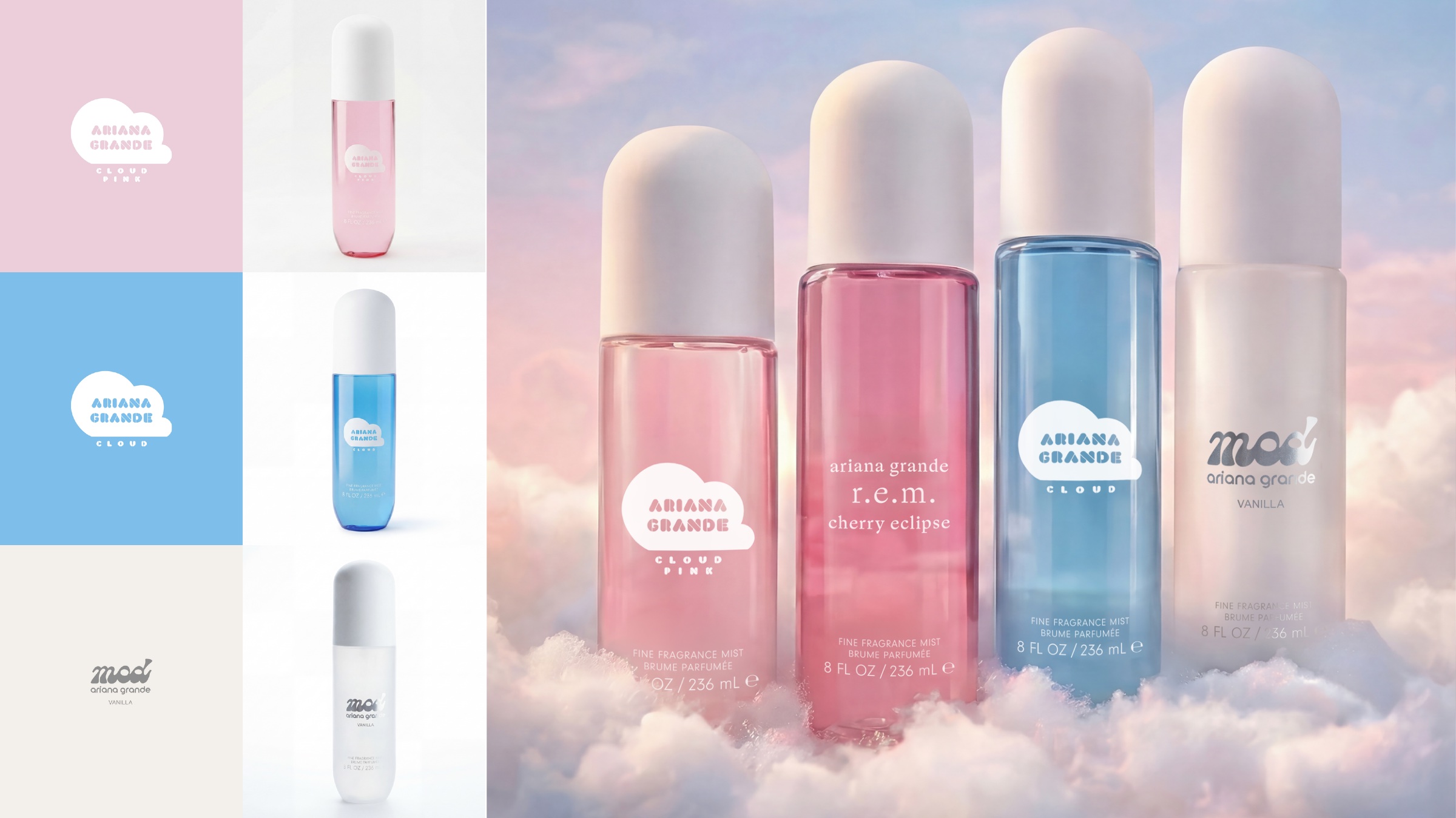 Ariana Grande fragrance range: brand marks for Cloud Pink, Cloud and mod vanilla beside the four bottles in cloud