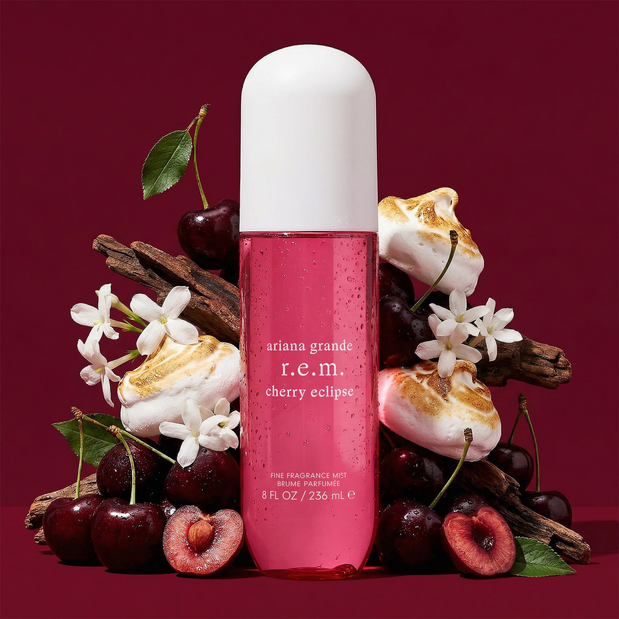 r.e.m. cherry eclipse with cherries, meringue and jasmine on oxblood