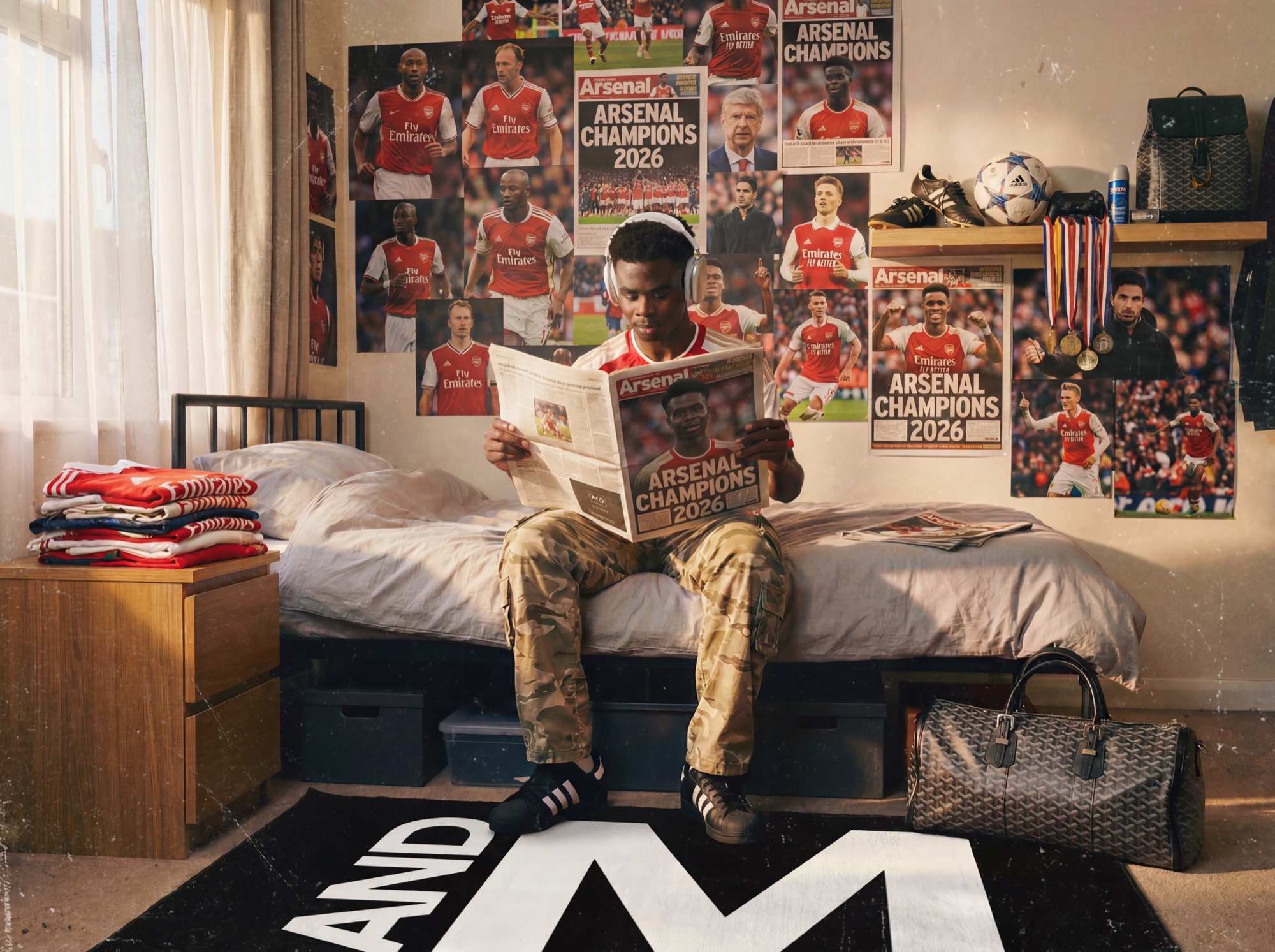 A bedroom wallpapered in club posters, a kid reading the back pages