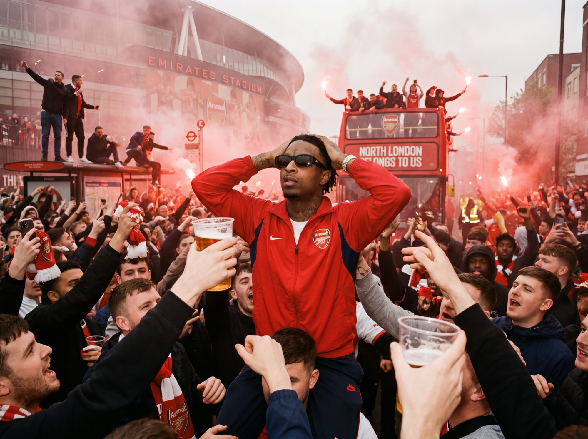 A parade with red flares and a crowd along the road