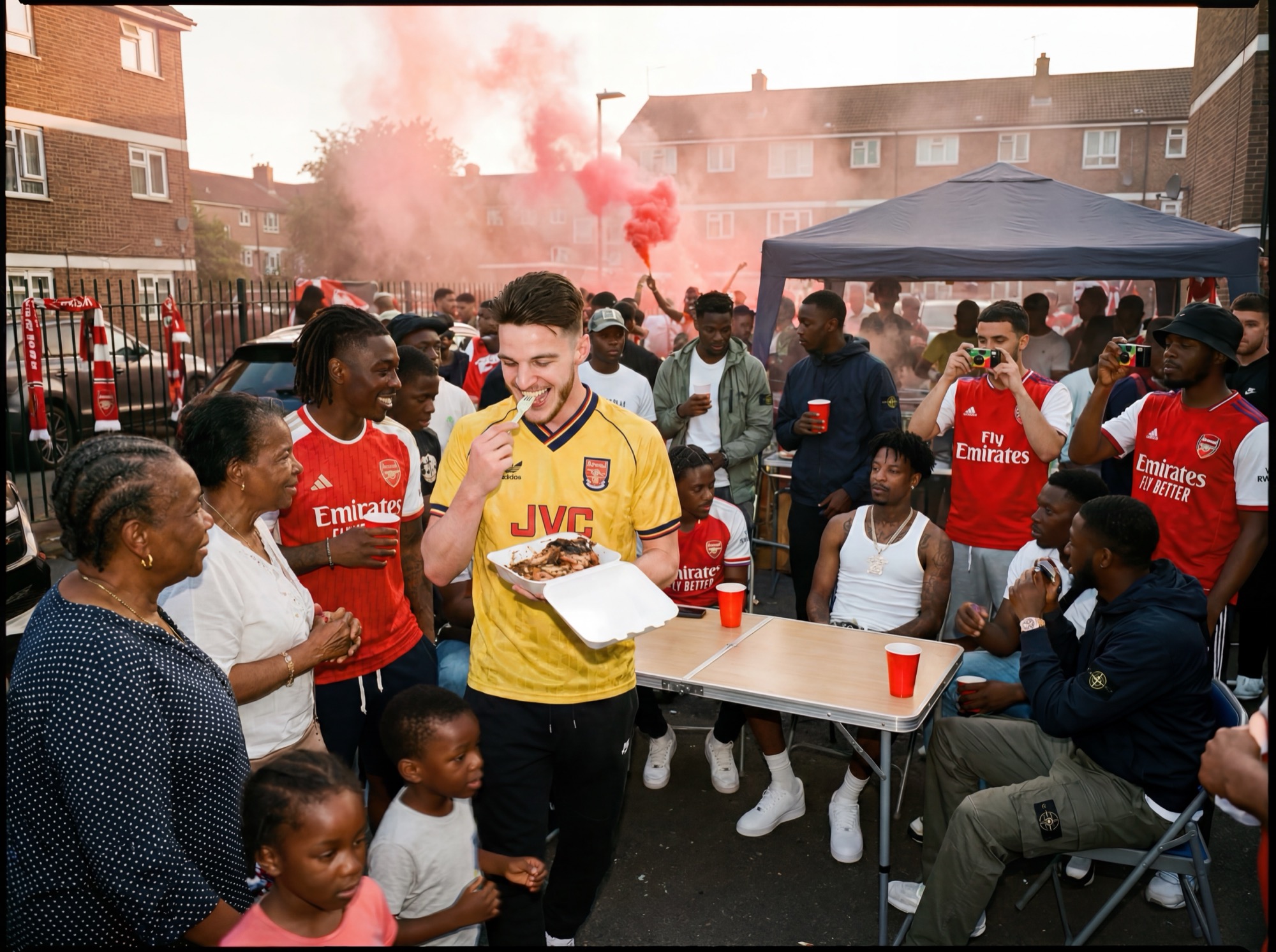 A street party with flares, trestle tables and three generations in shirts