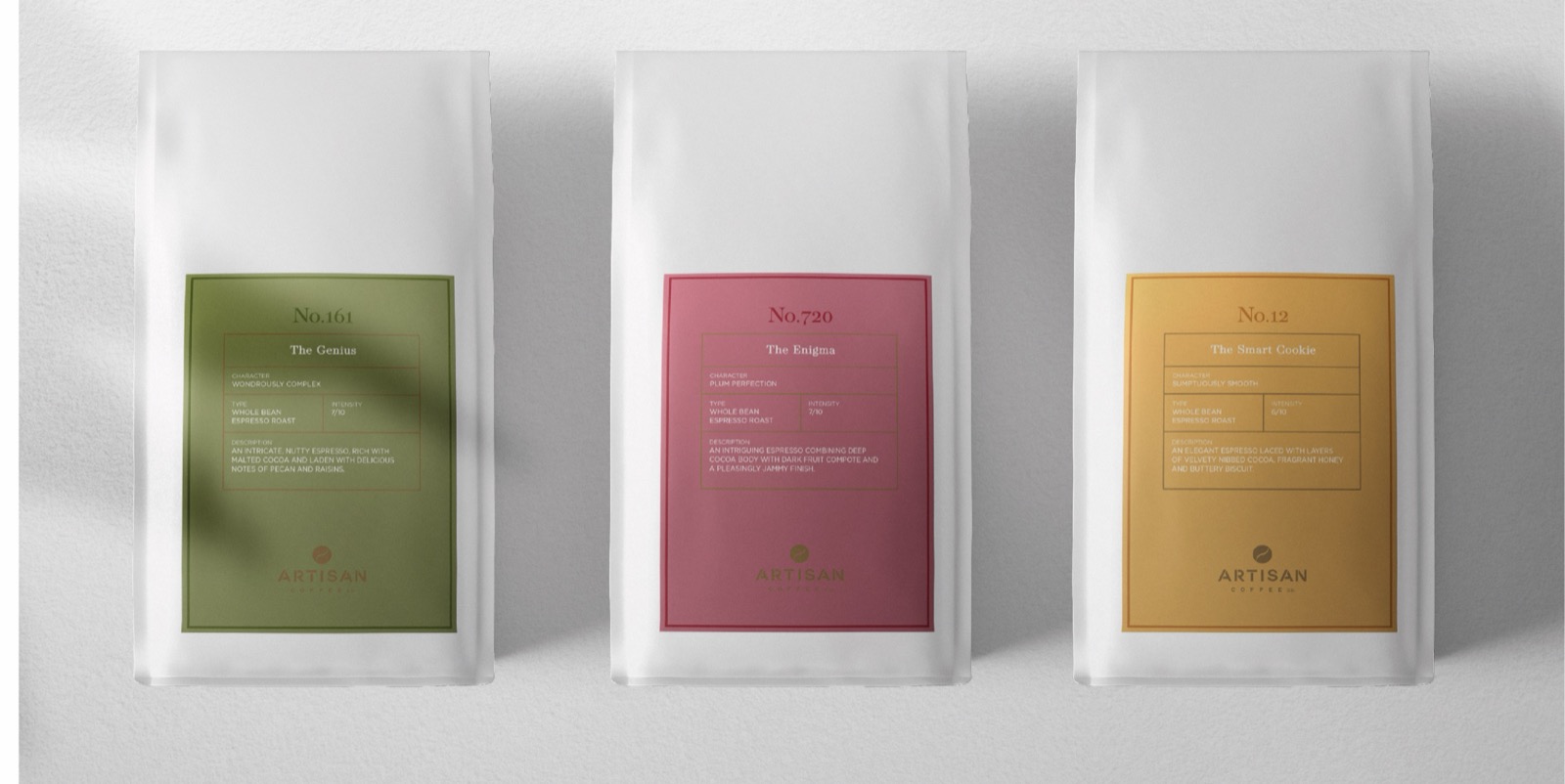 Artisan Coffee packaging: No.161 The Genius, No.720 The Enigma and No.12 The Smart Cookie