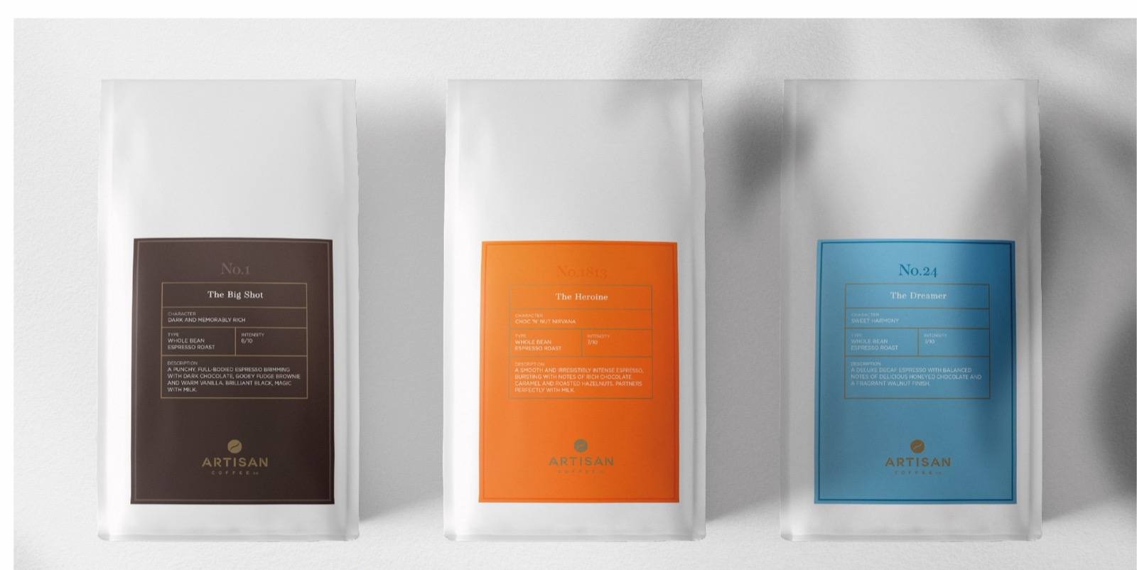 Artisan Coffee packaging: No.1 The Big Shot, No.1813 The Heroine and No.24 The Dreamer