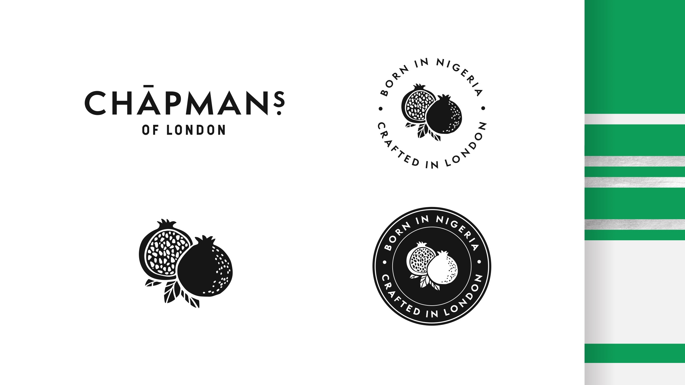 The wordmark, the pomegranate and the Born in Nigeria roundel