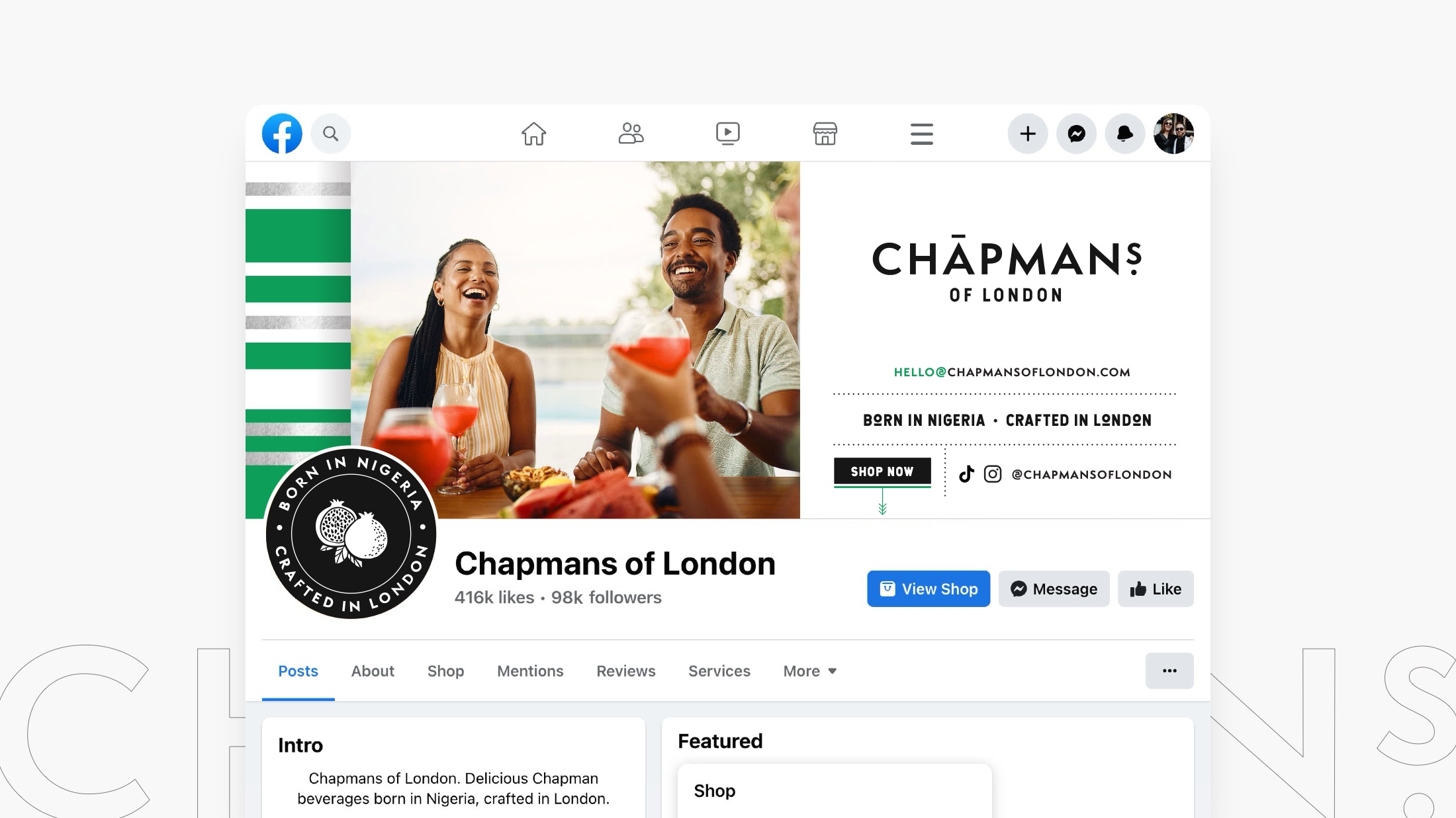The brand applied to social and shop surfaces