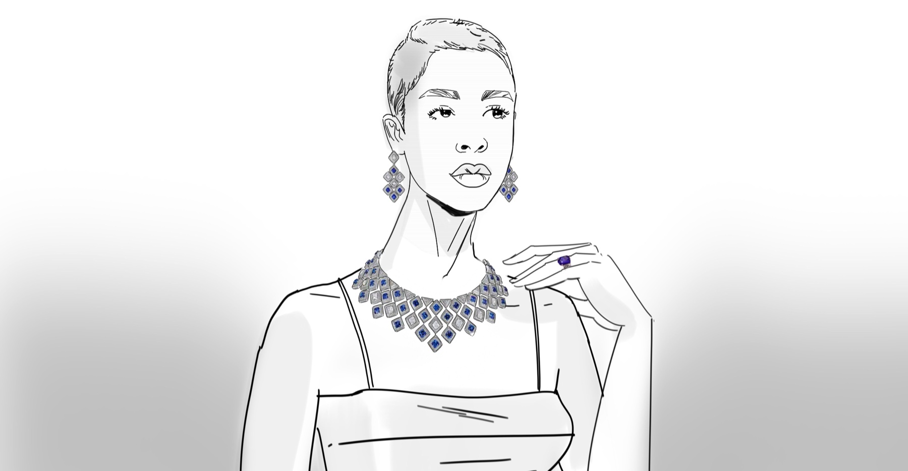 Storyboard line drawing, earring and collar framing