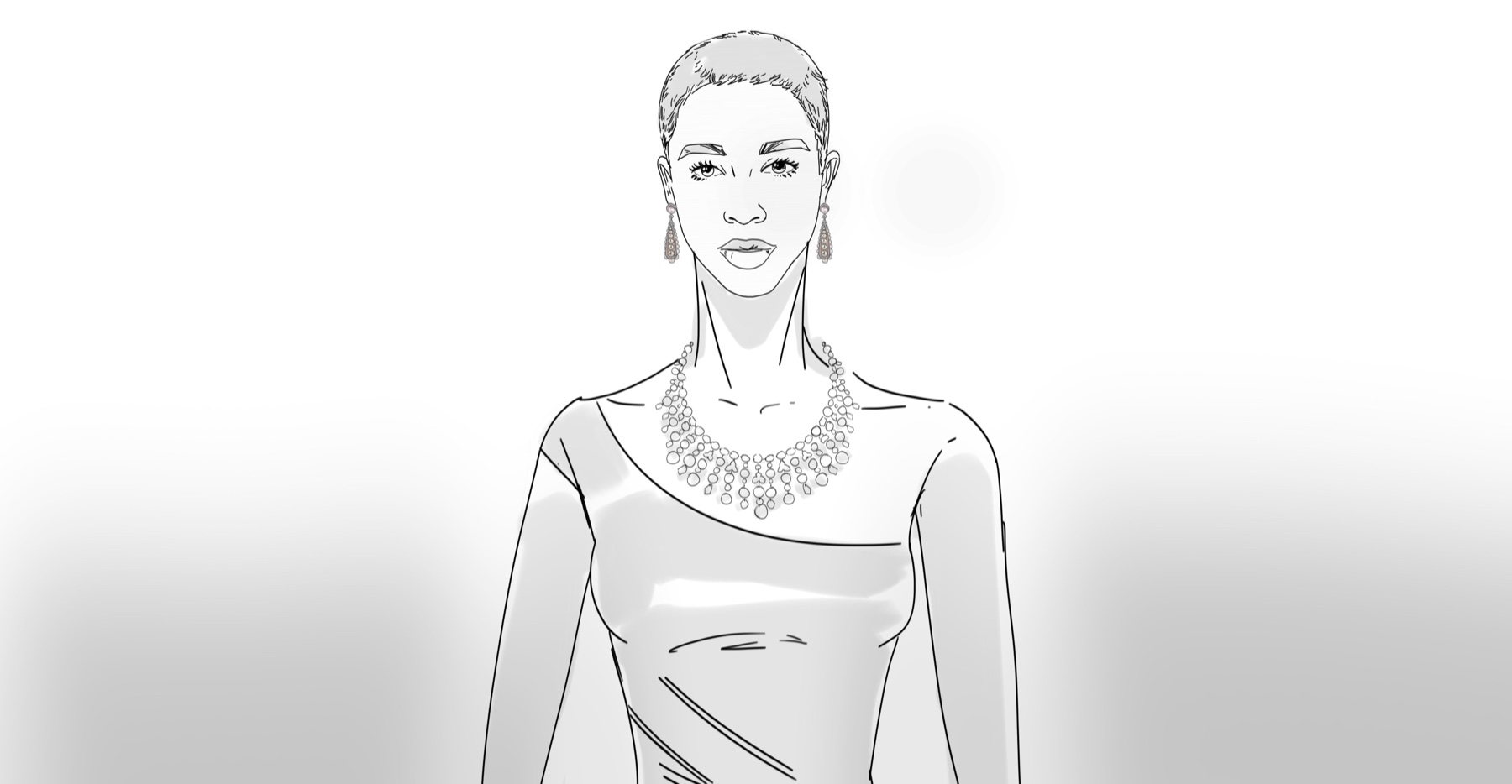Storyboard line drawing, necklace framing