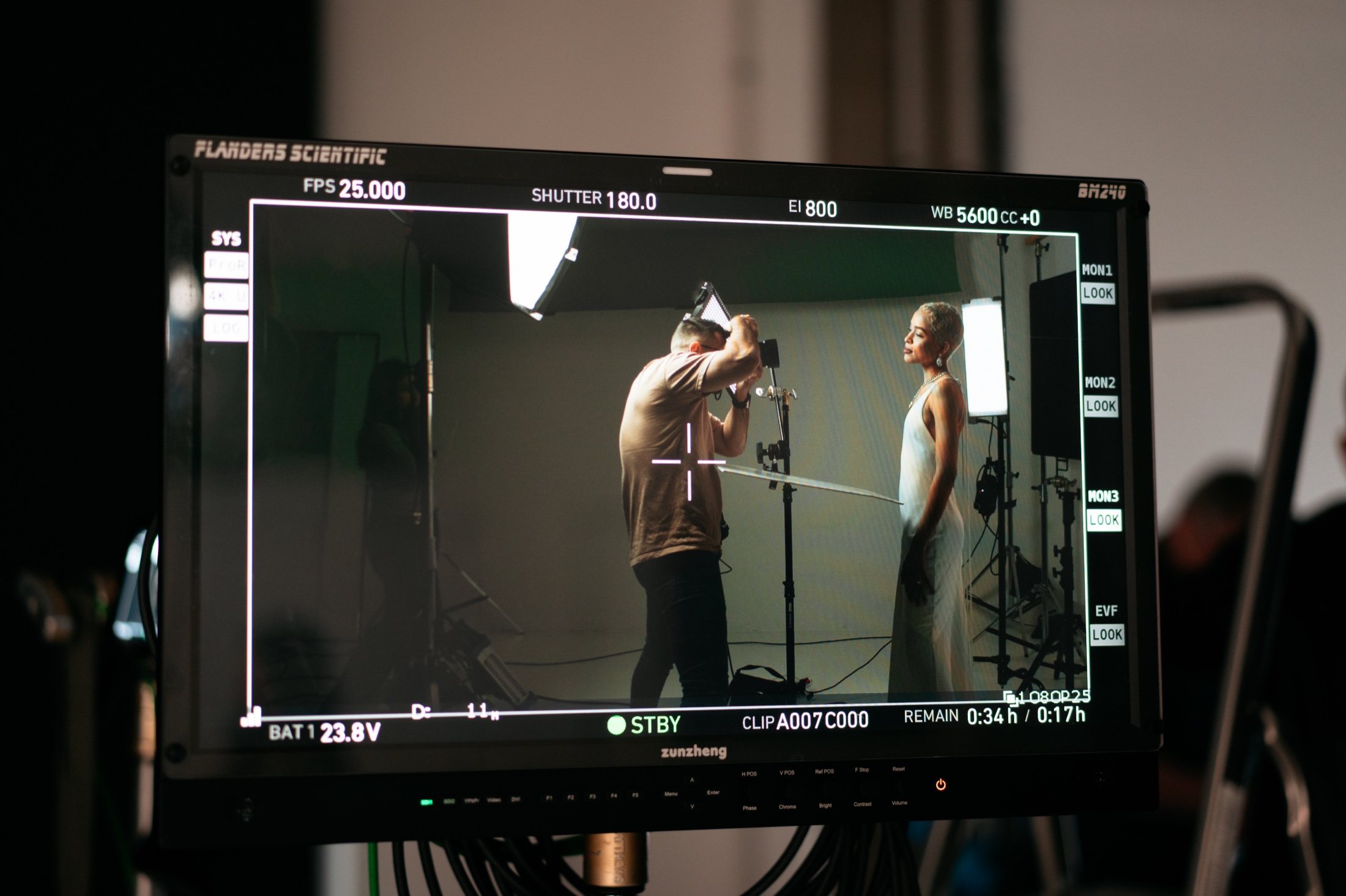 Monitor on set showing the take: 25fps, 180 degree shutter