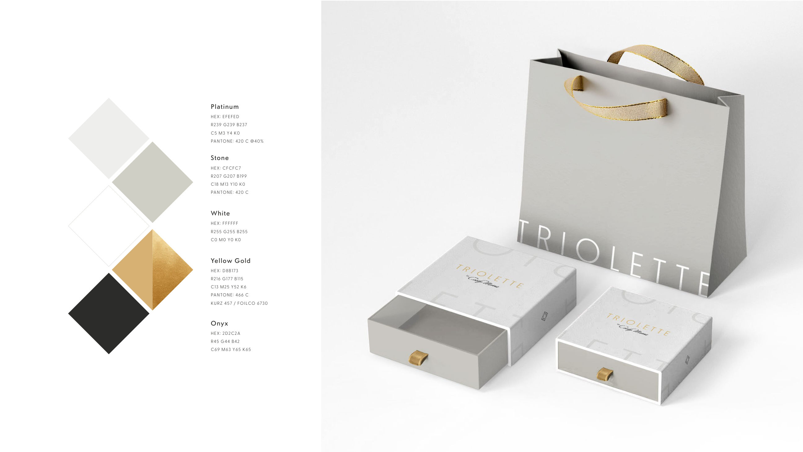 Triolette palette: platinum, stone, white, yellow gold, onyx, with the packaging suite