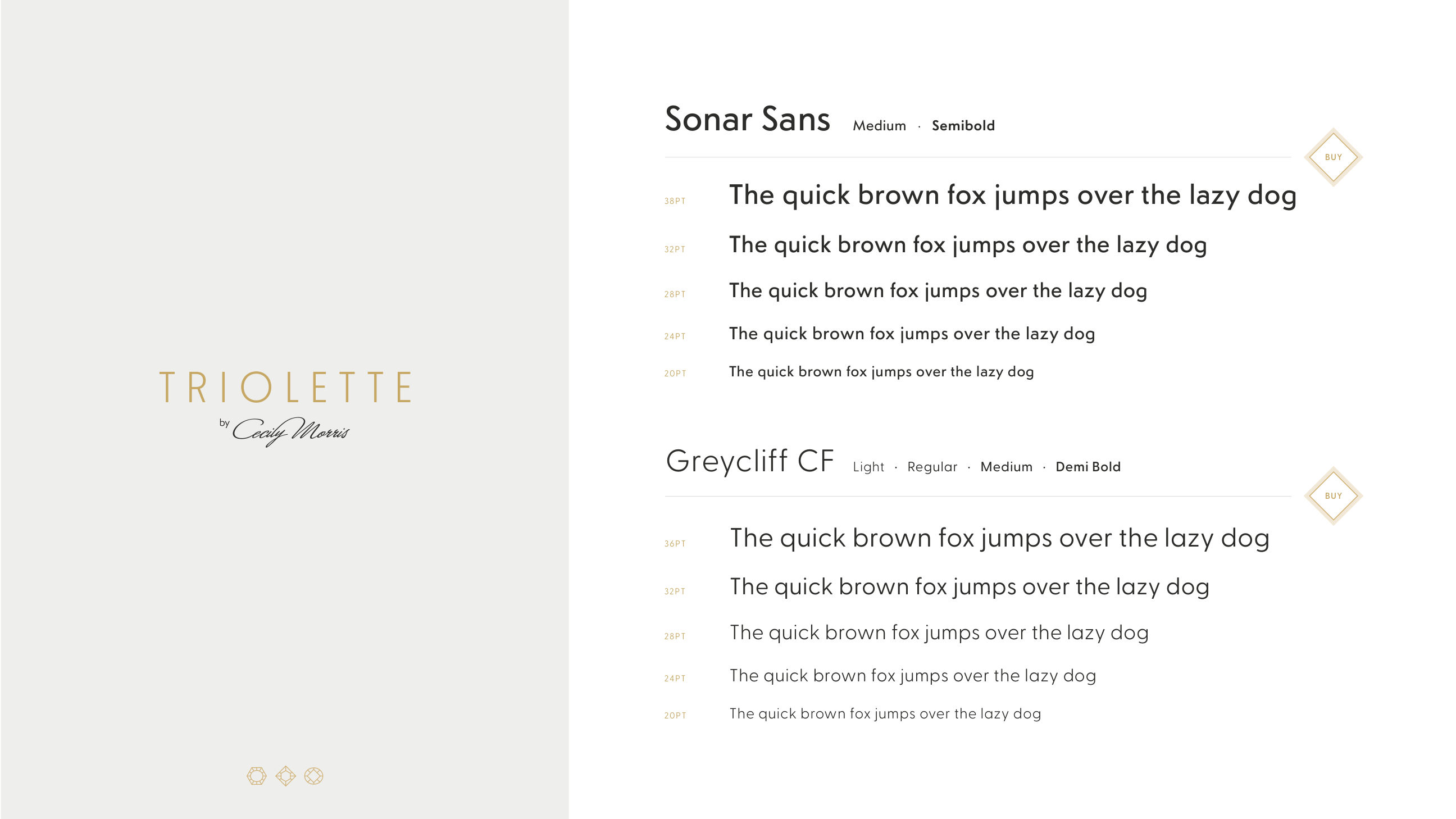 Triolette typography system, Sonar Sans and Greycliff CF specimen