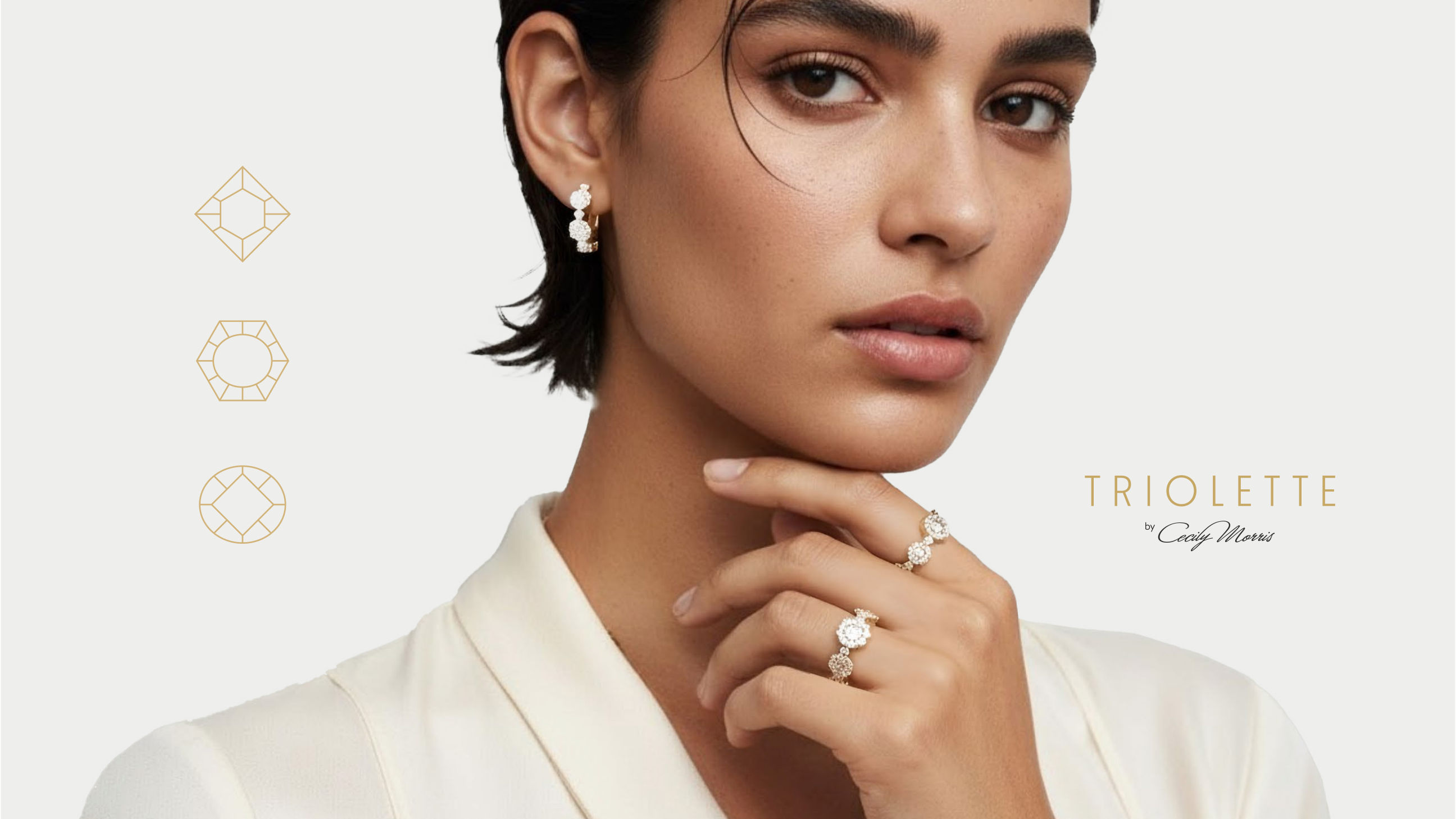 Triolette campaign portrait, earrings and ring