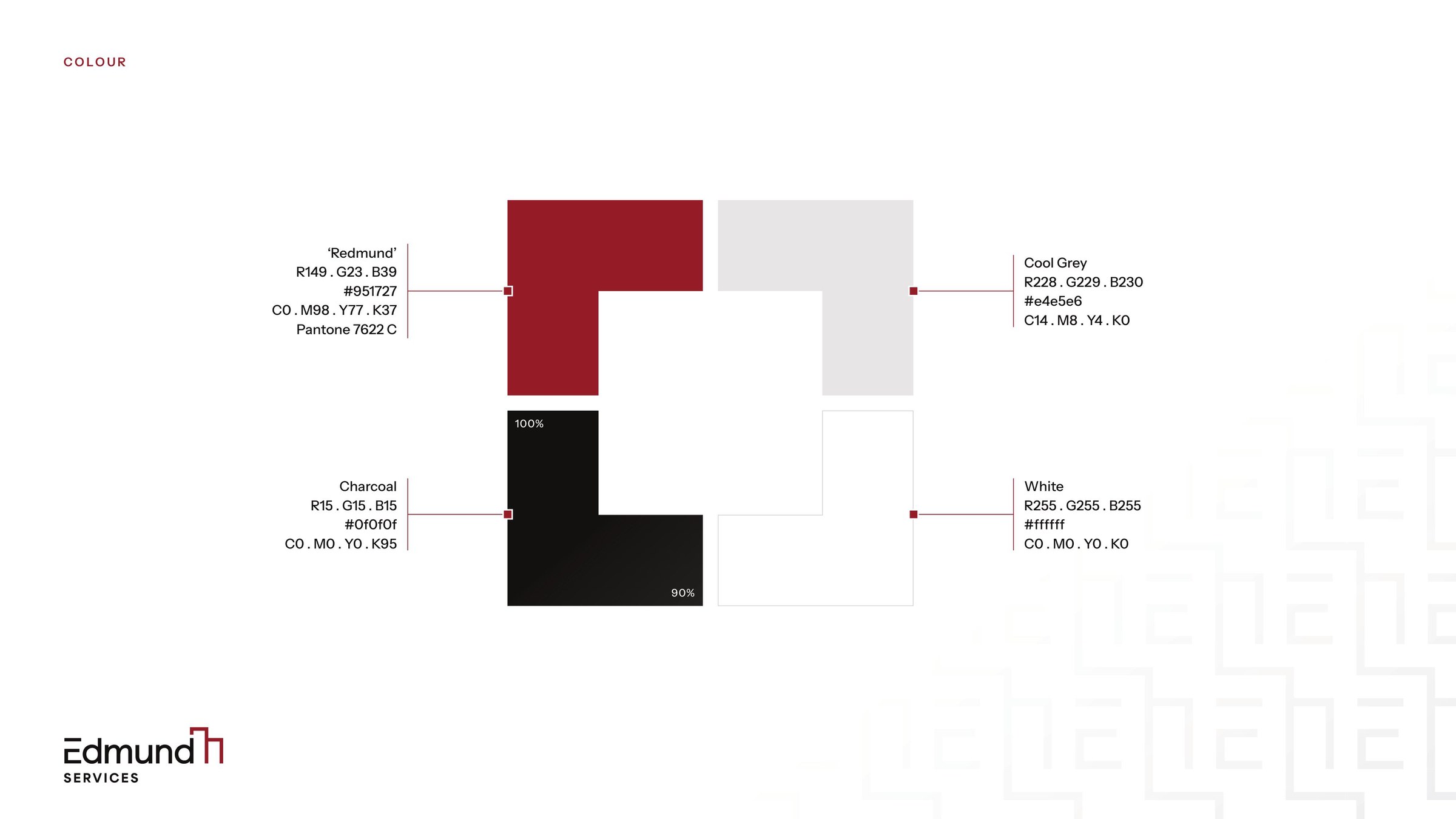 Palette: rosewood, cool grey, charcoal and white