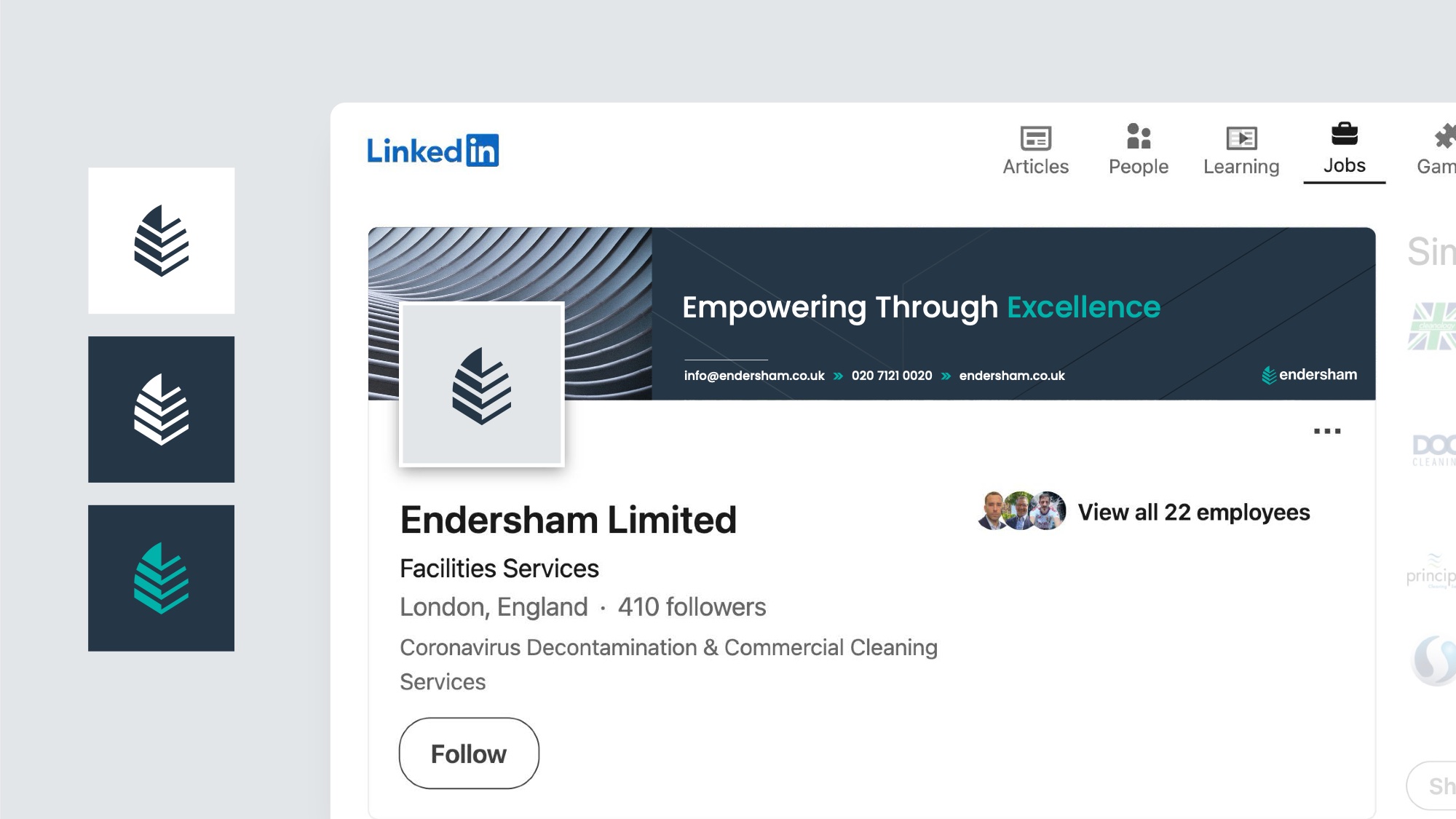 The Endersham LinkedIn company page: banner, avatar variants and profile in the new identity