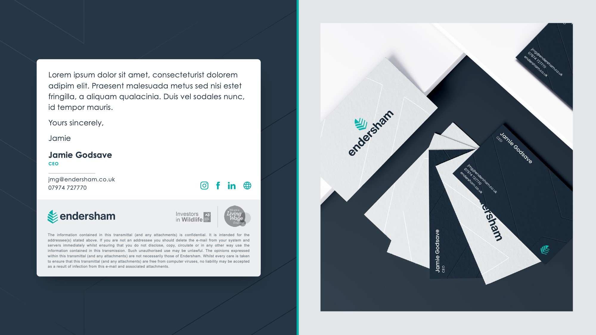 Endersham email signature template and business cards in the new identity