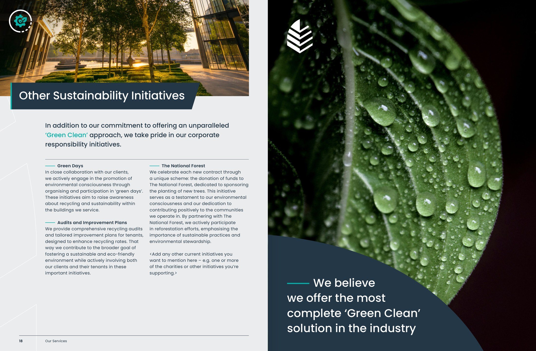 Brochure spread, the Green Clean sustainability approach
