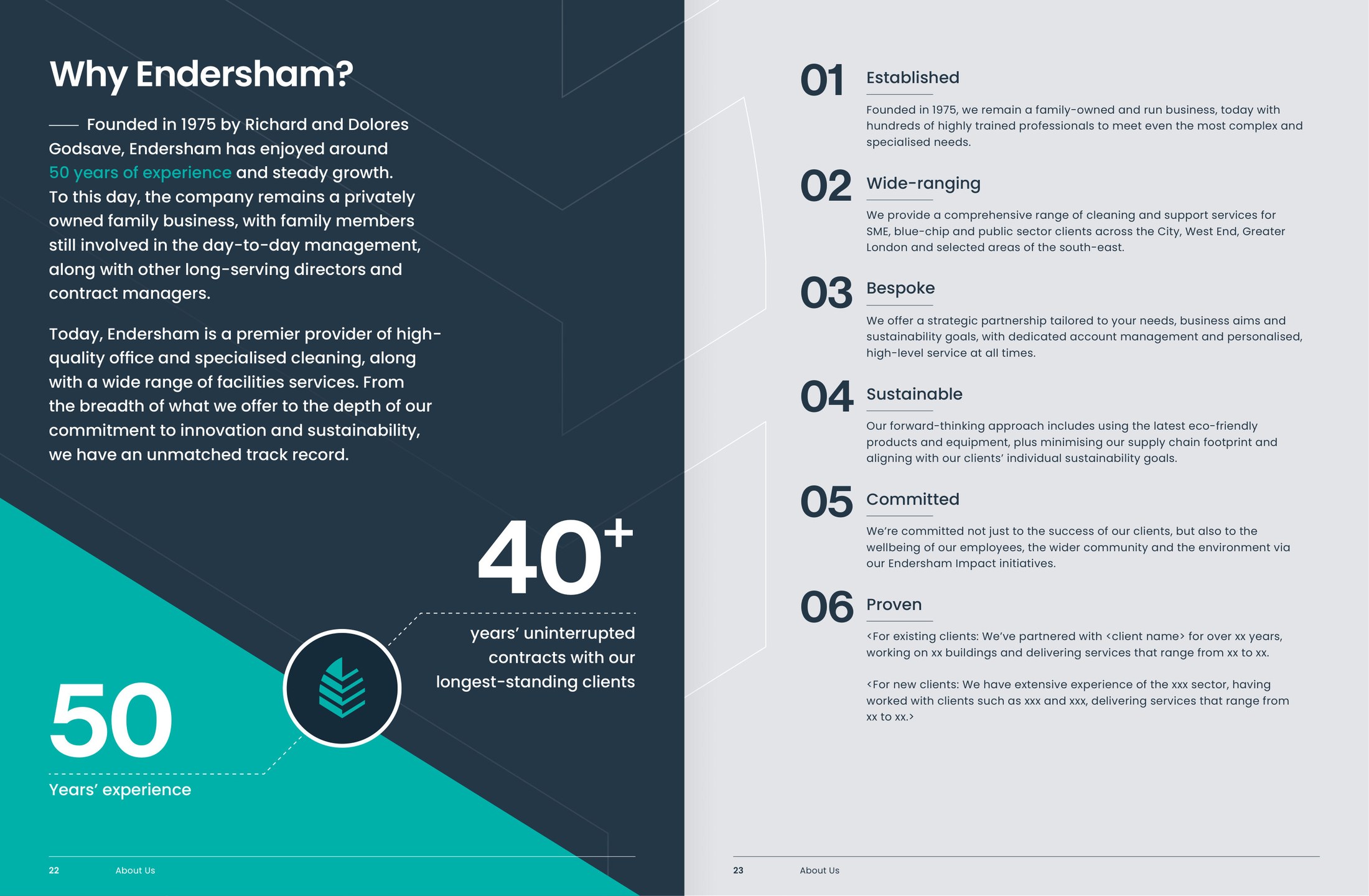 Brochure spread: fifty years, forty-plus year client relationships