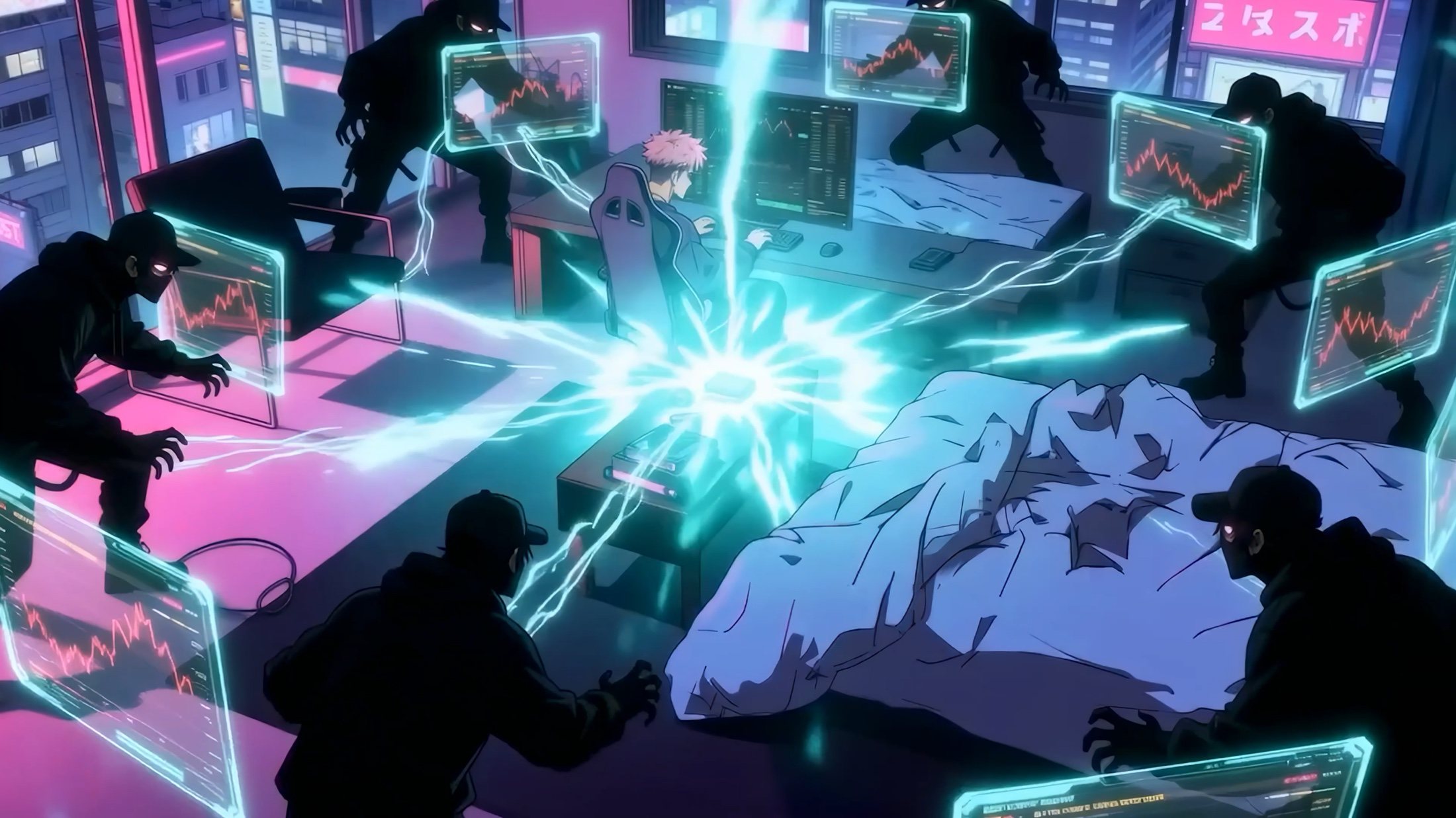The shockwave breaking the screens and throwing the figures back