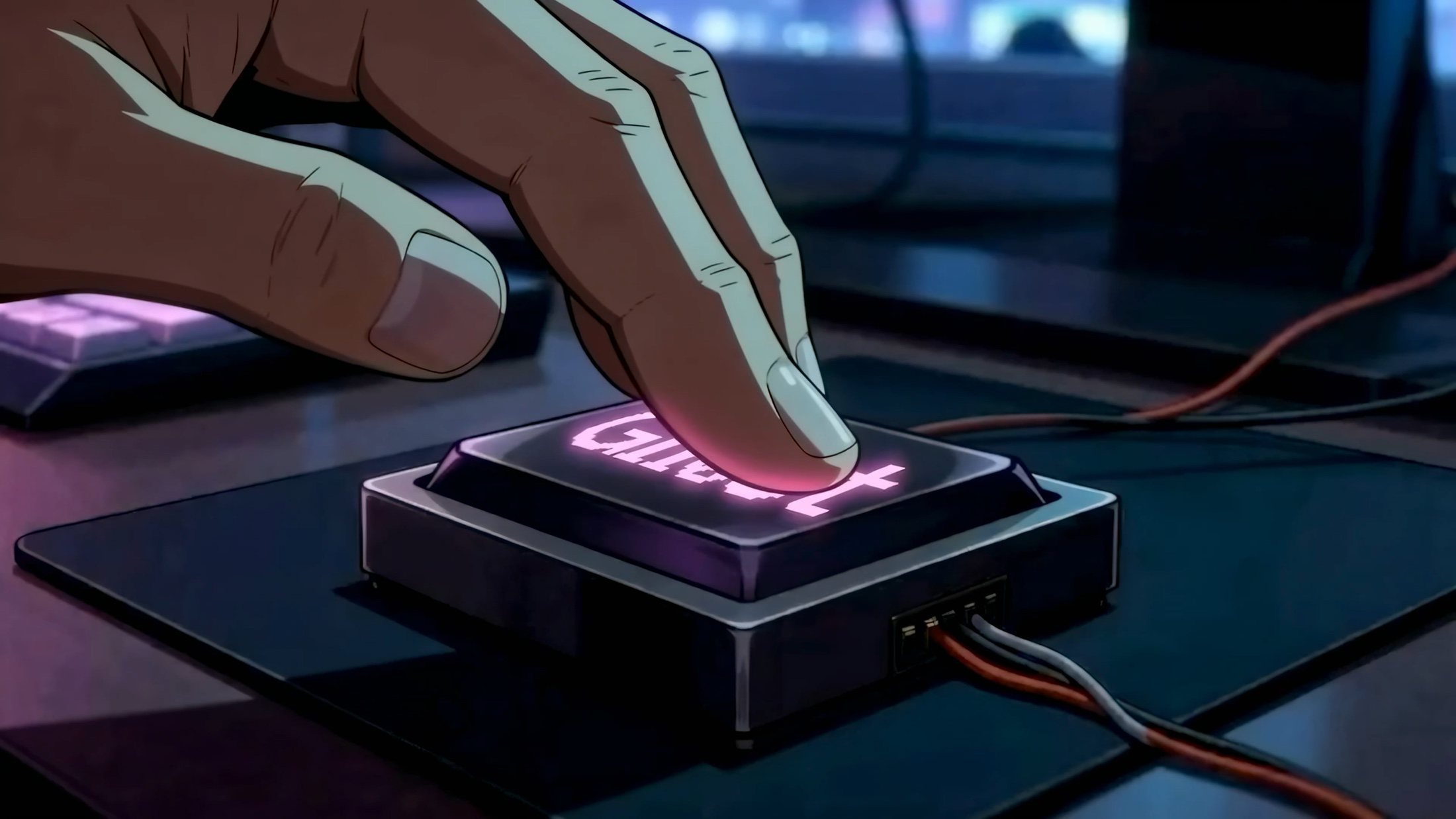 A finger pressing the glowing Gh0st button