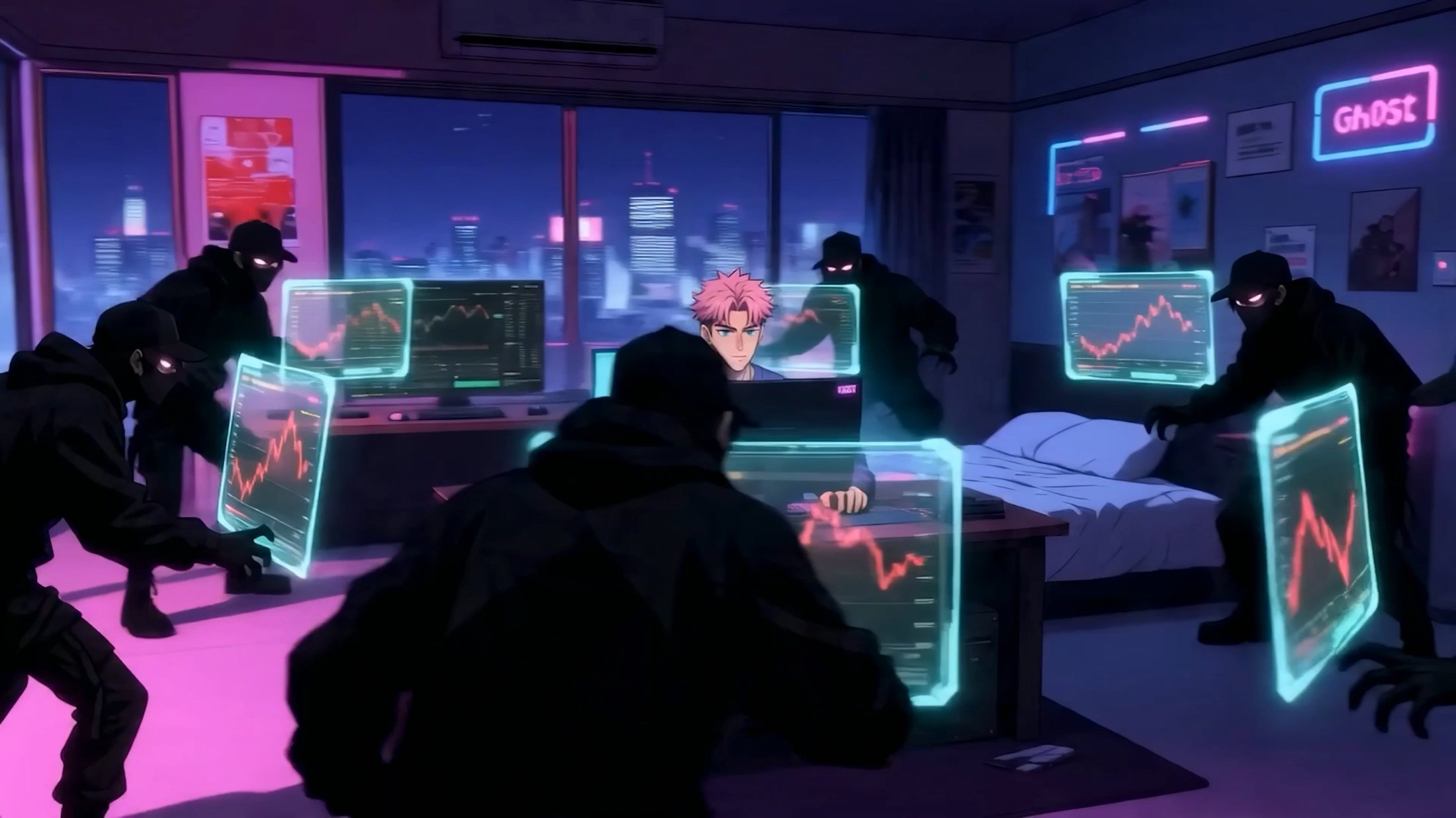 Masked figures crowding the desk, reading the trader's screens