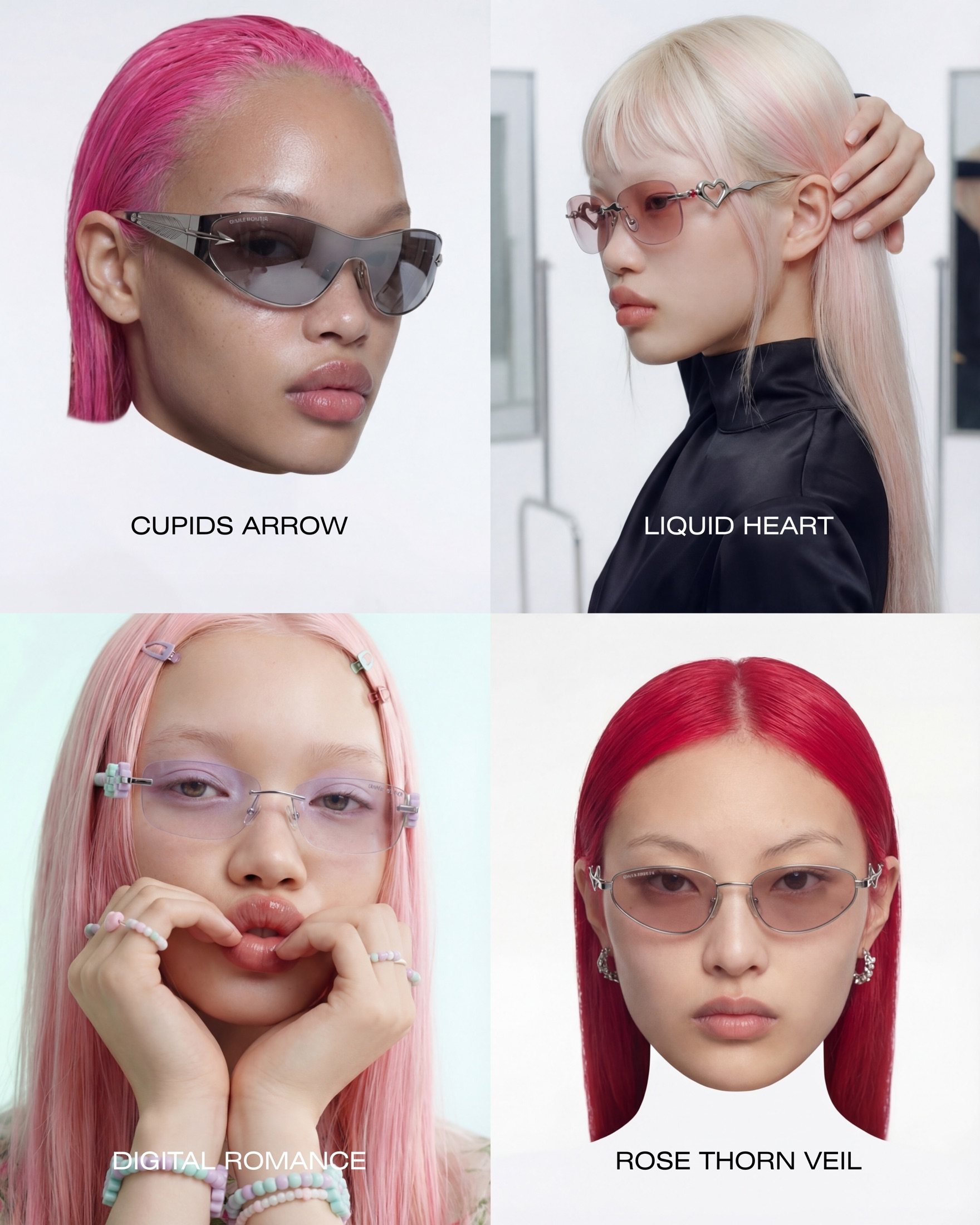 Heartwear collection key: the four frames named: Cupid's Arrow, Liquid Heart, Digital Romance, Rose Thorn Veil