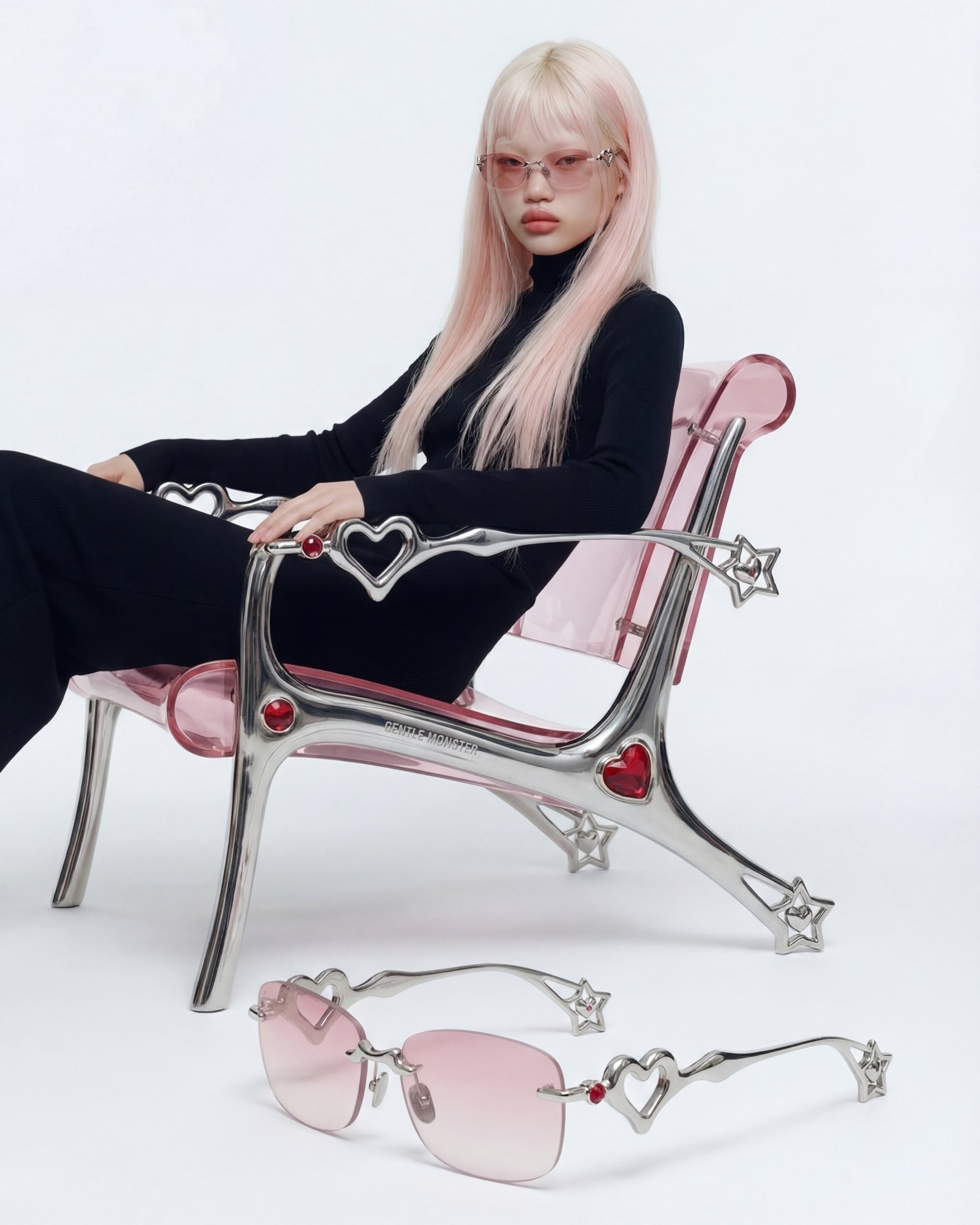 Heartwear campaign, chrome heart-and-star bench with the Liquid Heart frame in the foreground