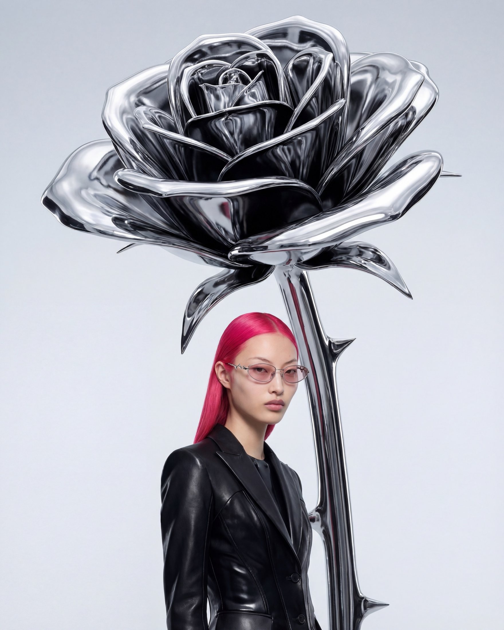 Heartwear campaign, model beneath a chromed rose wearing the Rose Thorn Veil frame
