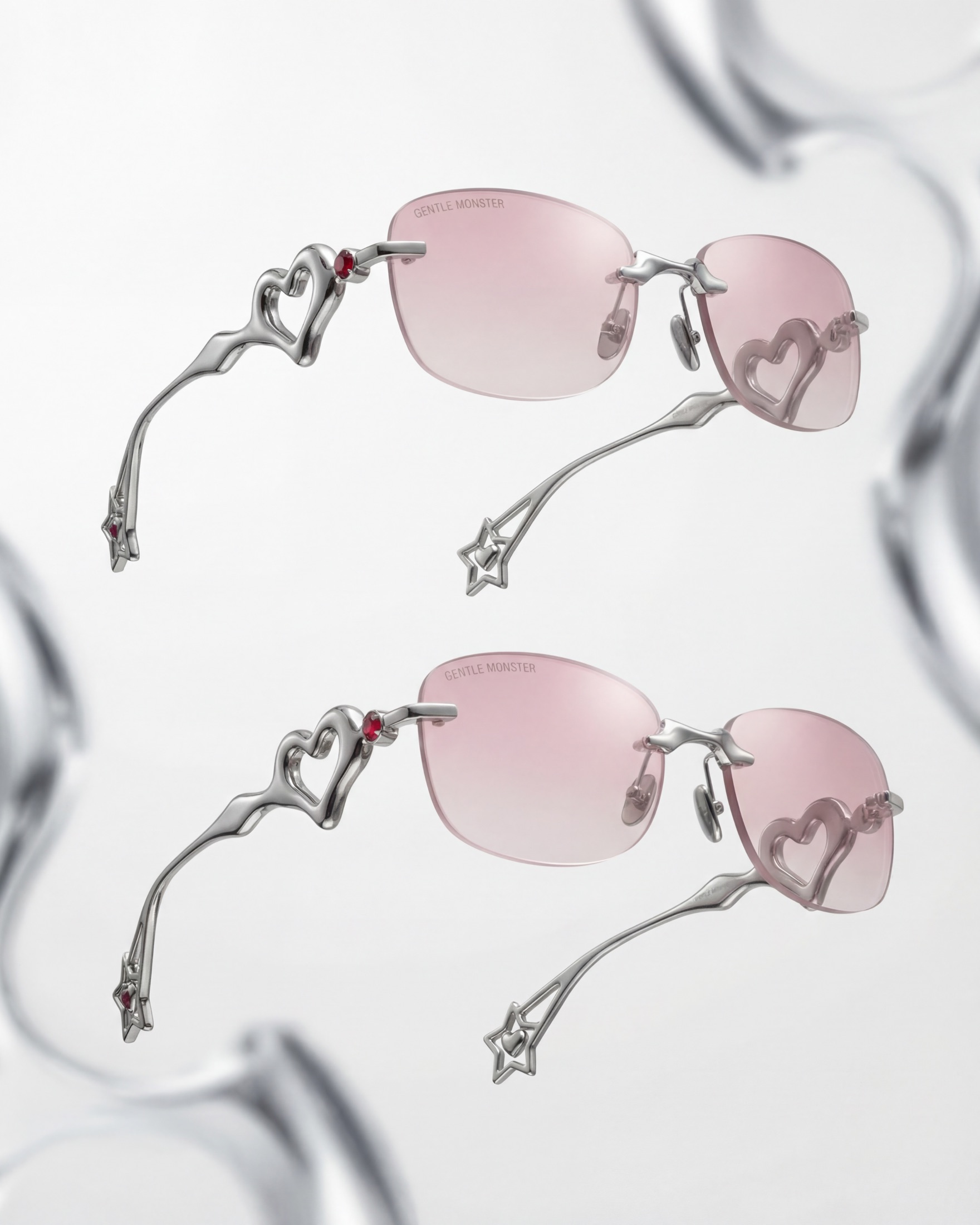 Liquid Heart frame, rimless rose-gradient lenses with cast chrome heart temples and star tips