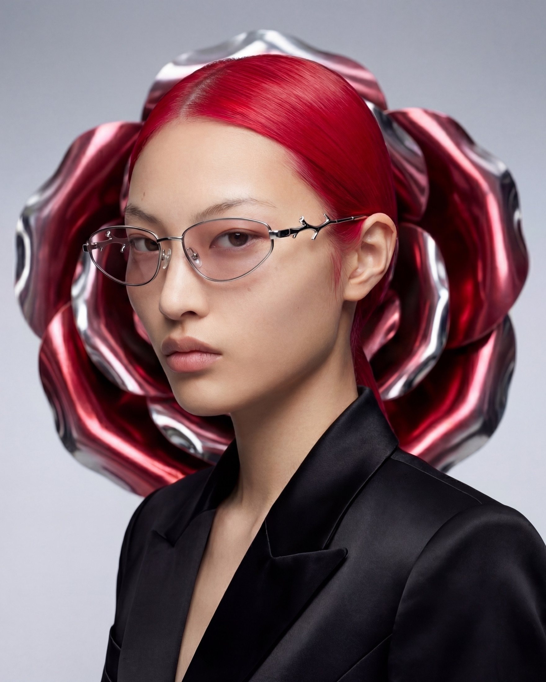 Rose Thorn Veil campaign portrait, red-haired model framed inside a chrome and red rose