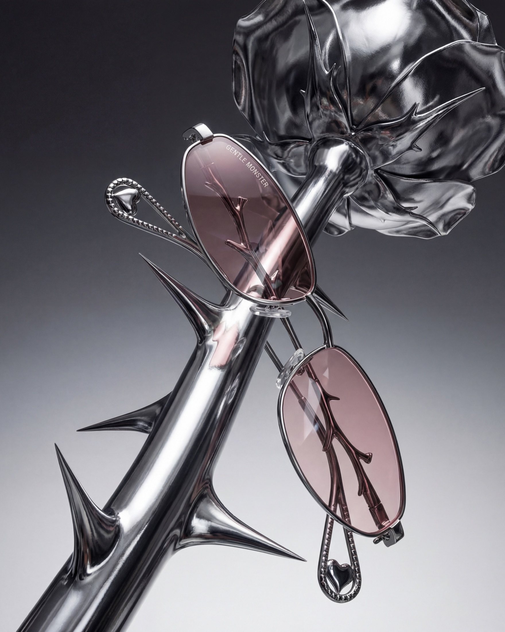 Rose Thorn Veil, petal-cut lenses on the chromed thorn stem
