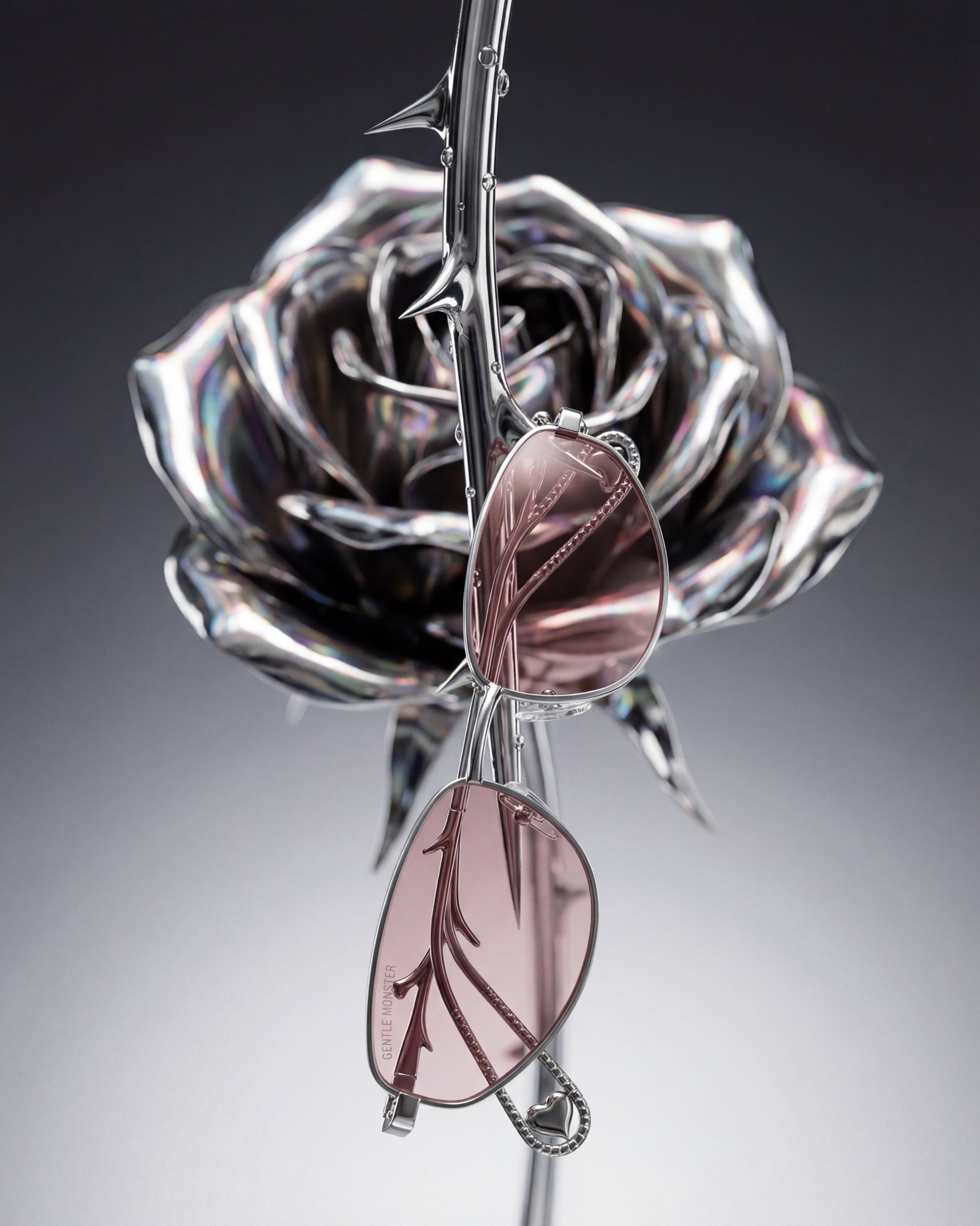 Rose Thorn Veil frame hanging on a chromed thorn stem in front of a chrome rose