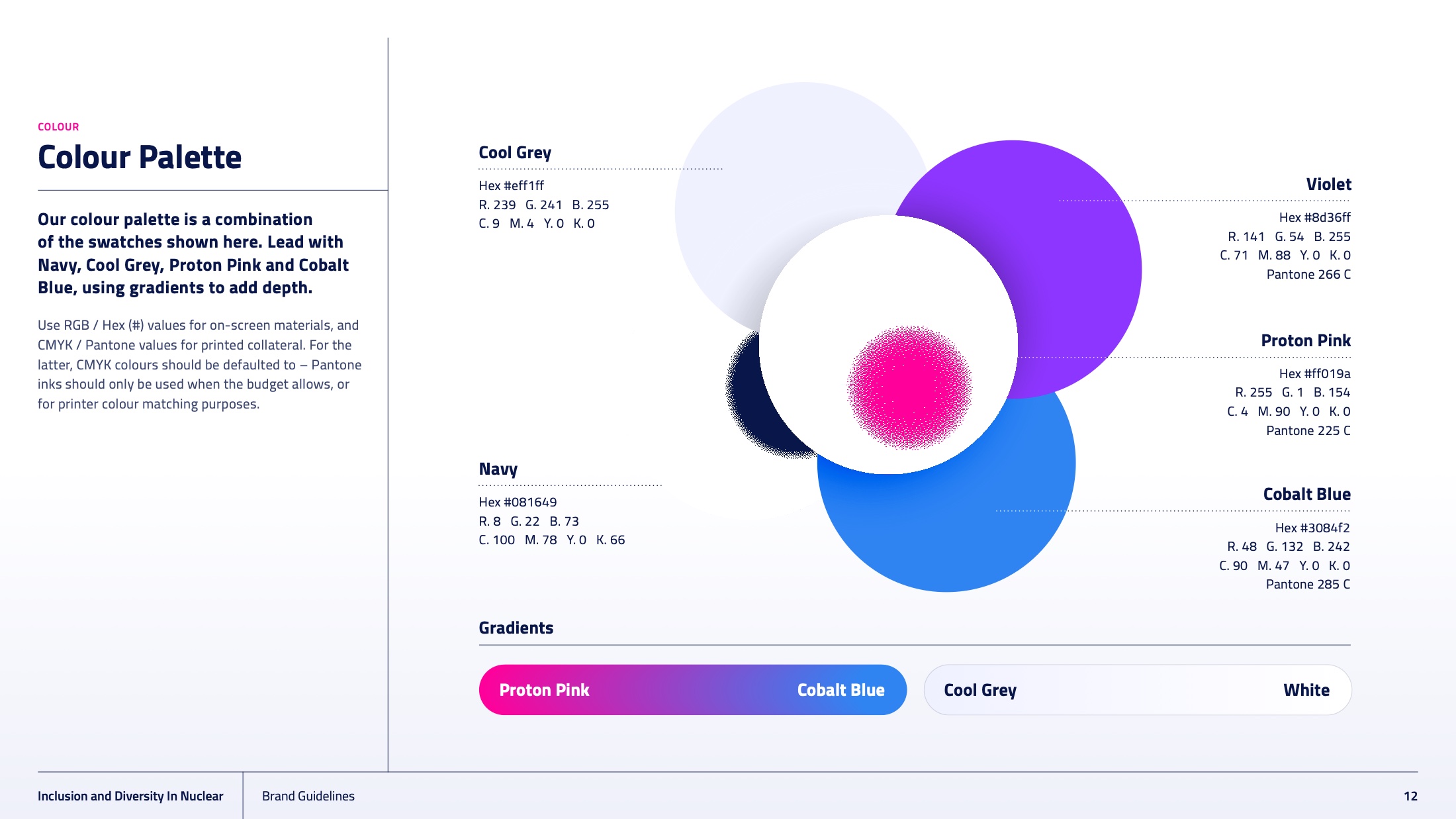The IDN colour palette with hex, RGB, CMYK and Pantone values