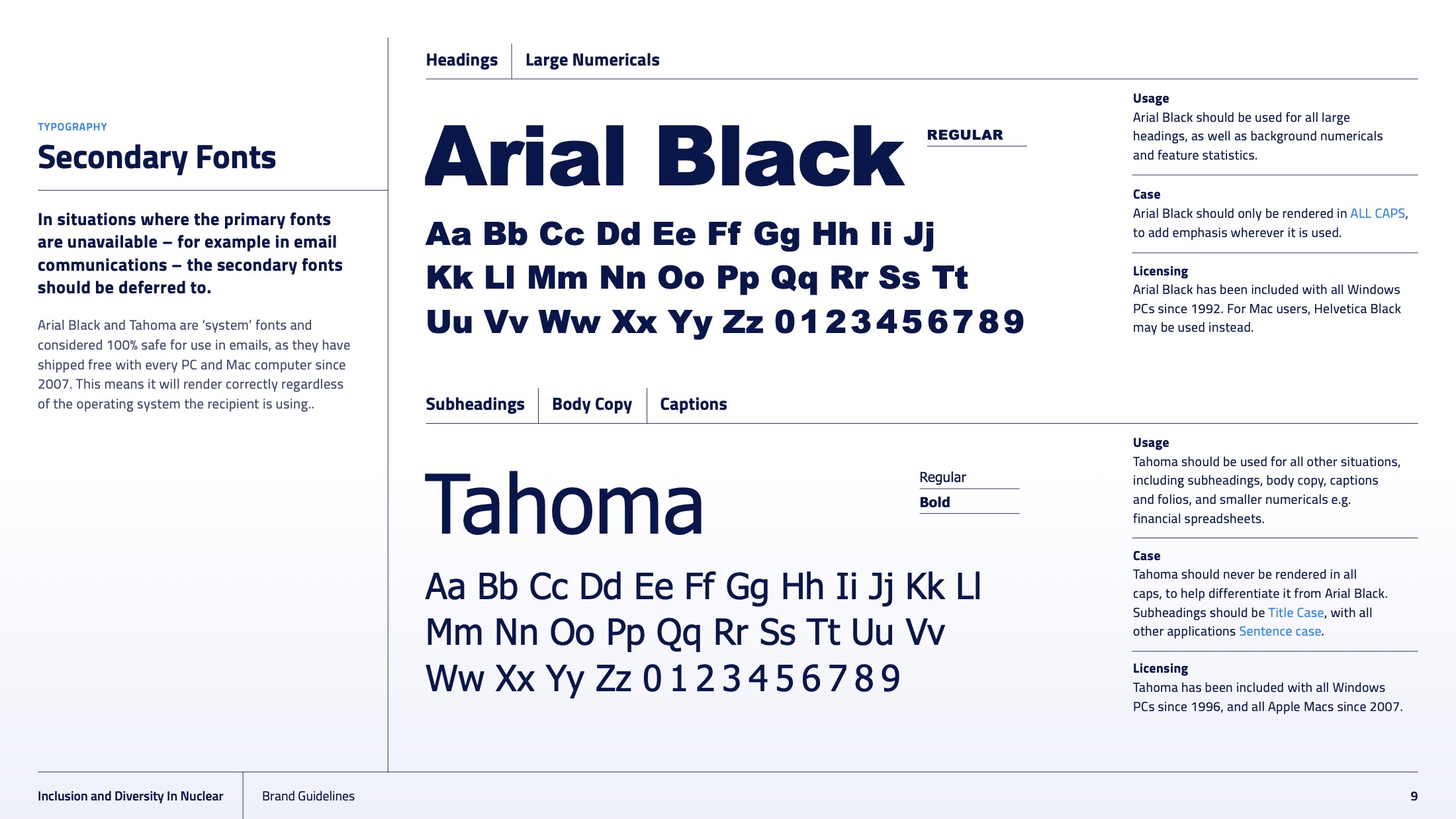 Secondary typefaces: Arial Black and Tahoma, for systems without the primaries