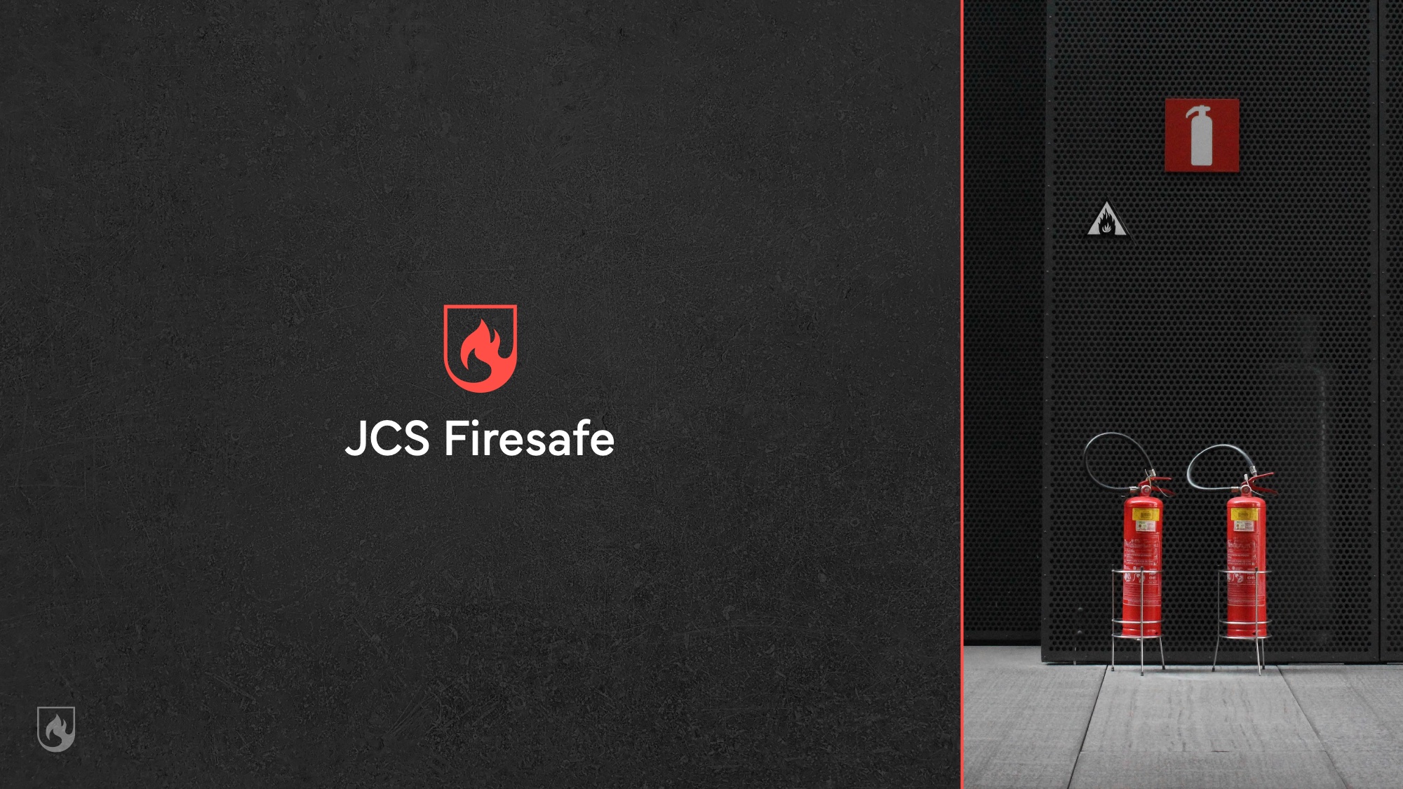 The JCS Firesafe mark on a dark textured ground beside fire equipment