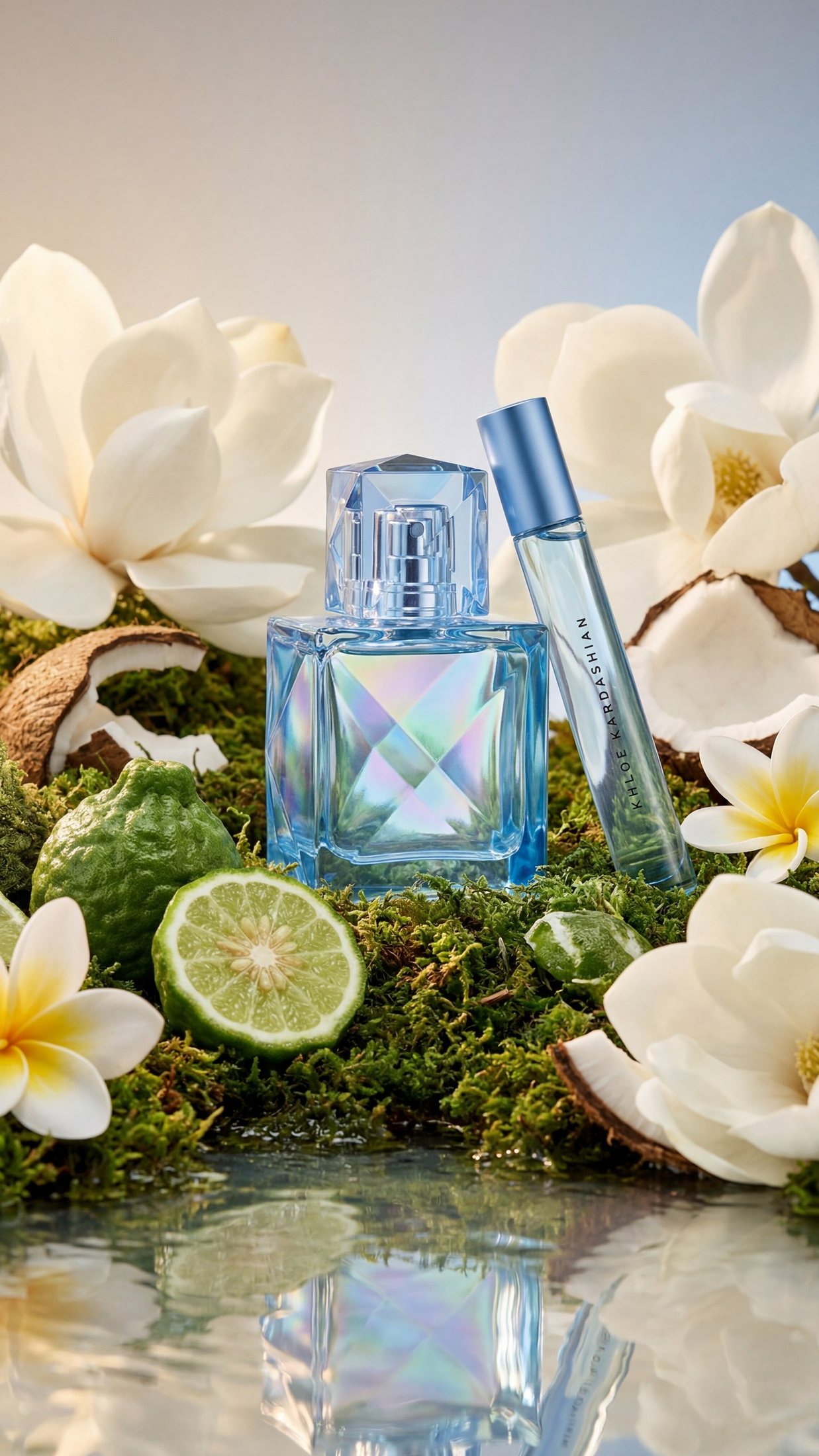 Blue eau de parfum with its rollerball on moss