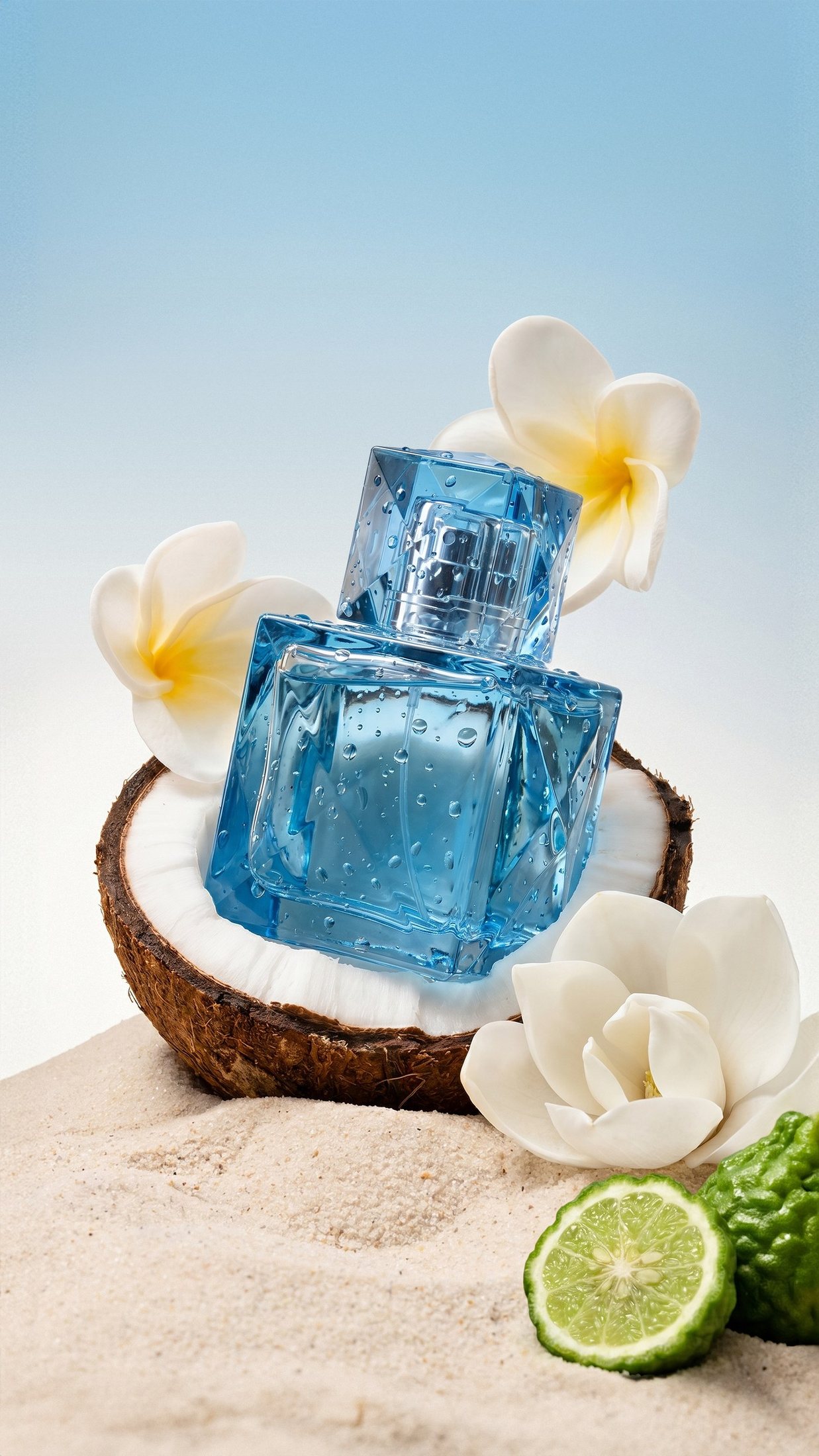 Blue fragrance resting in a split coconut on sand